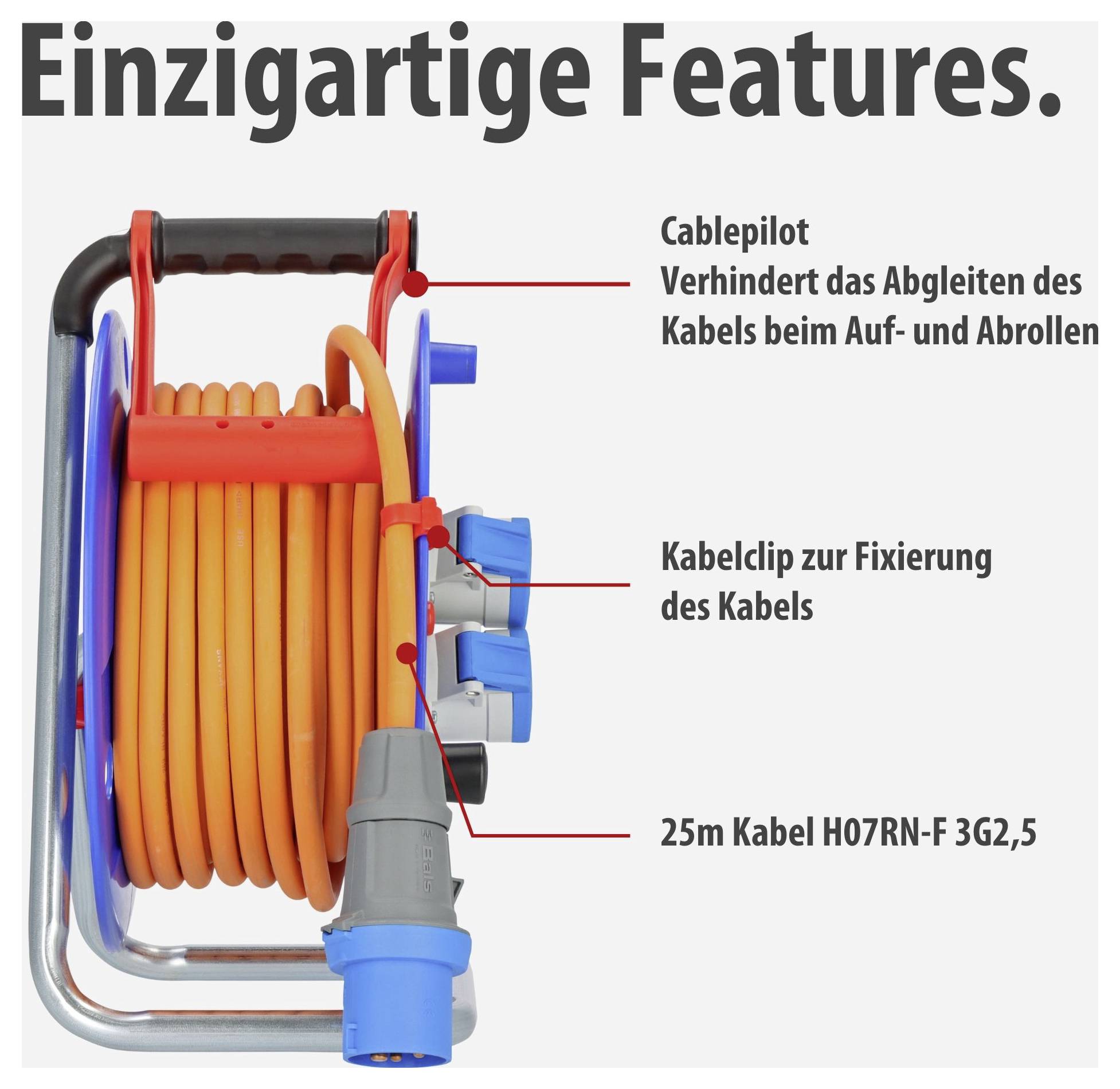 Kabeltrommel mit orangefarbenem Kabel und Steckdosen, beschriftet mit 'Einzigartige Features': Cablepilot, Kabelclip zur Fixierung und 25 m Kabel H07RN-F 3G2,5.