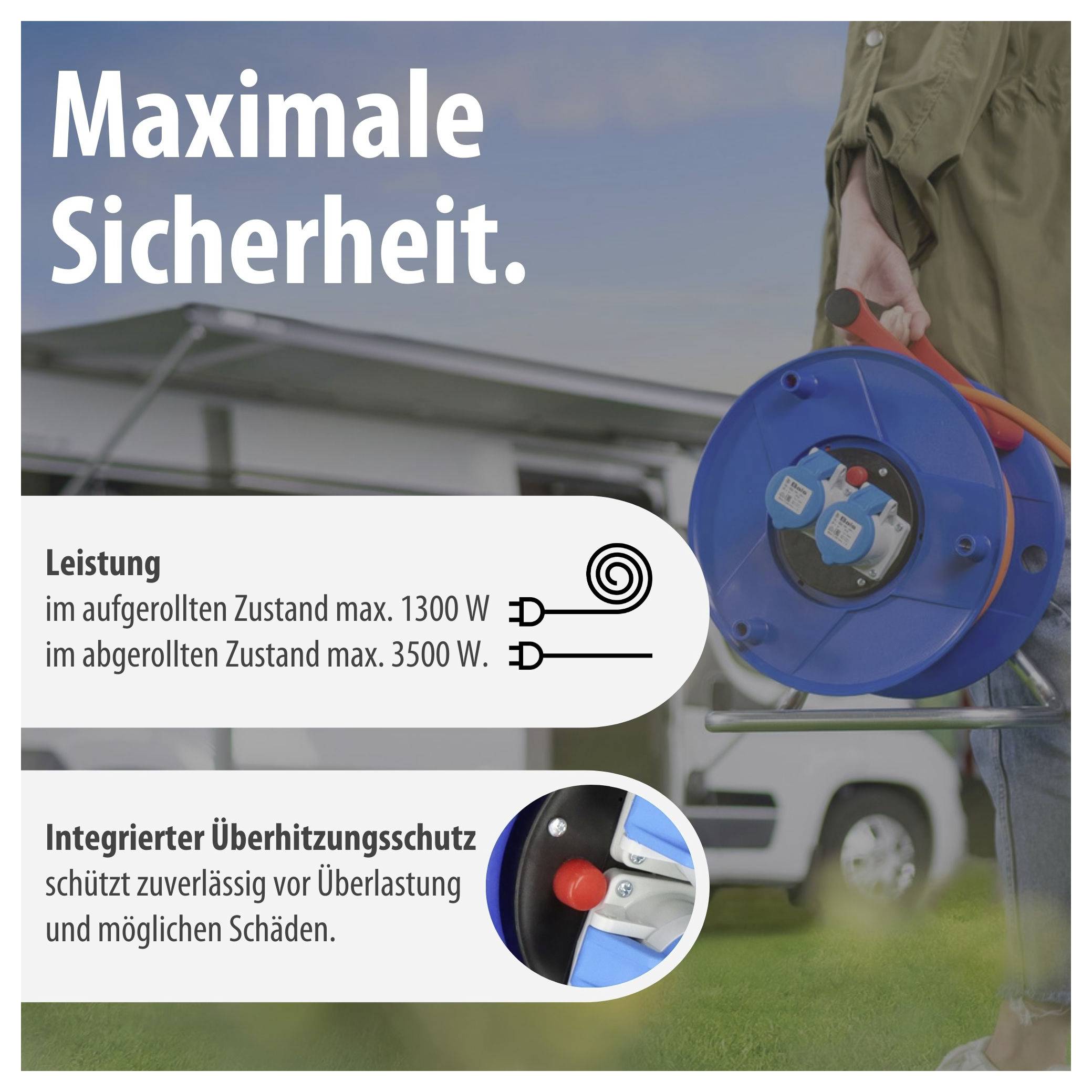 Werbeabbildung einer Kabeltrommel mit dem Text 'Maximale Sicherheit'; nennt Leistung 1300 W aufgerollt und 3500 W abgerollt sowie integrierten Überhitzungsschutz.