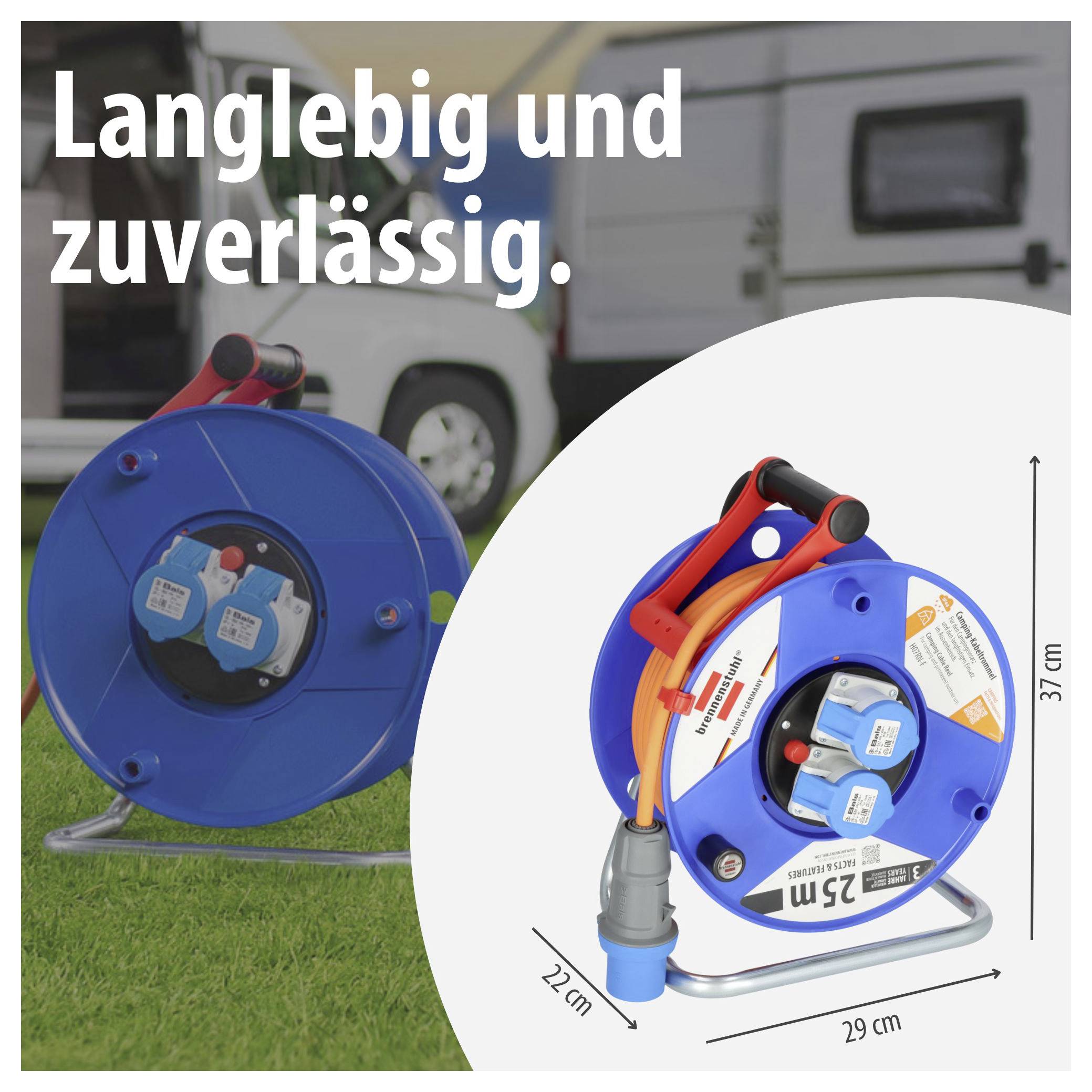 Werbeabbildung einer blauen Kabeltrommel im Außenbereich mit Text 'Langlebig und zuverlässig.' sowie Maßangaben 22 cm, 29 cm und 37 cm.
