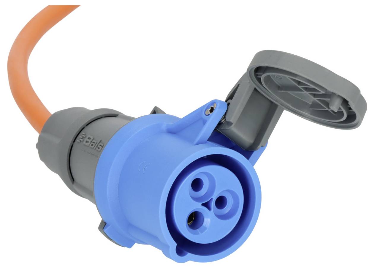 Blau-grauer Industrie-Elektrostecker mit orangefarbenem Kabel und schwenkbarem grauem Schutzdeckel, gezeigt auf weißem Hintergrund.