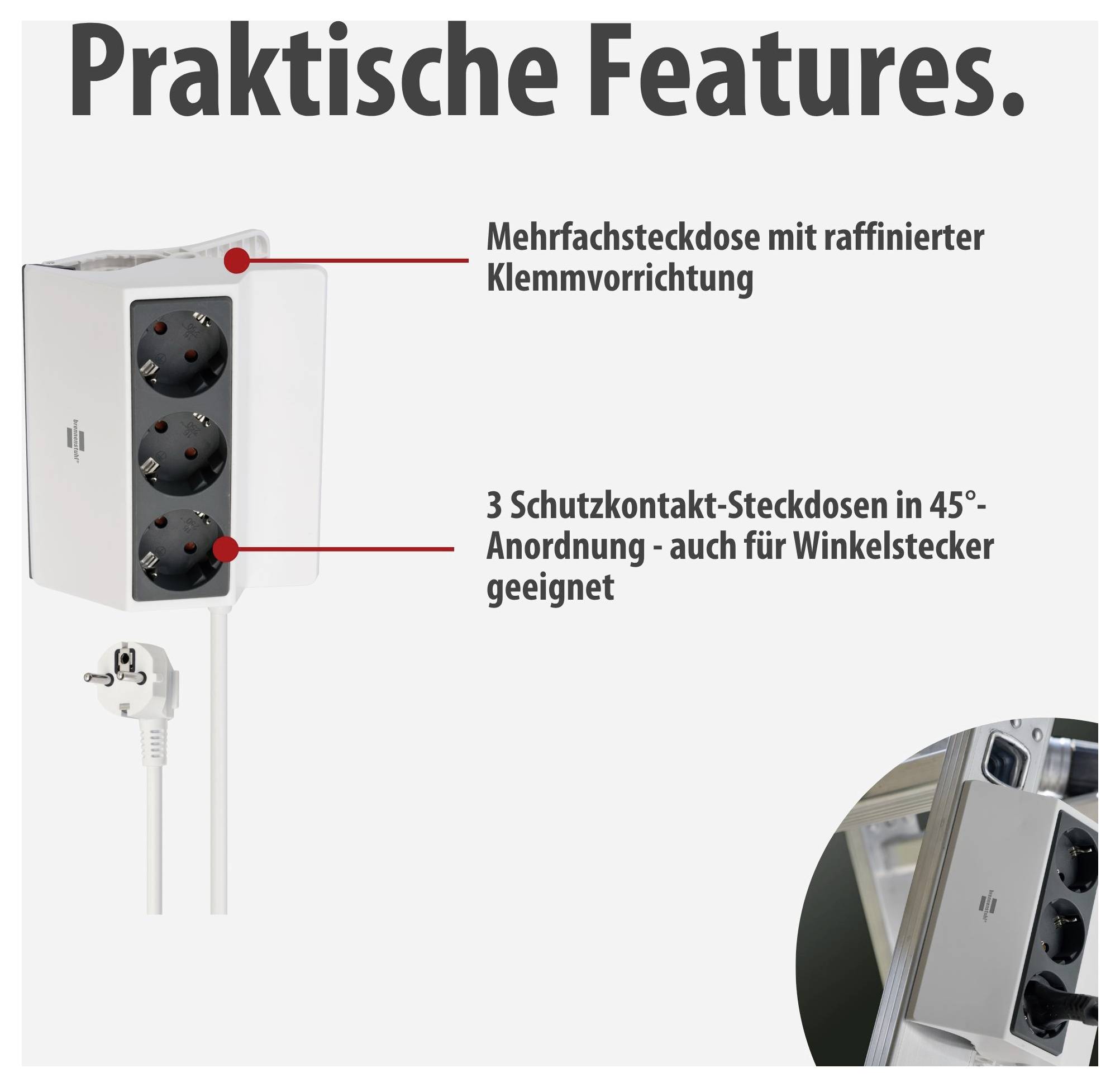 Produktbild einer Mehrfachsteckdose mit 3 Schutzkontakt-Steckdosen; hervorgehoben werden Klemmvorrichtung und 45°-Anordnung für Winkelstecker.