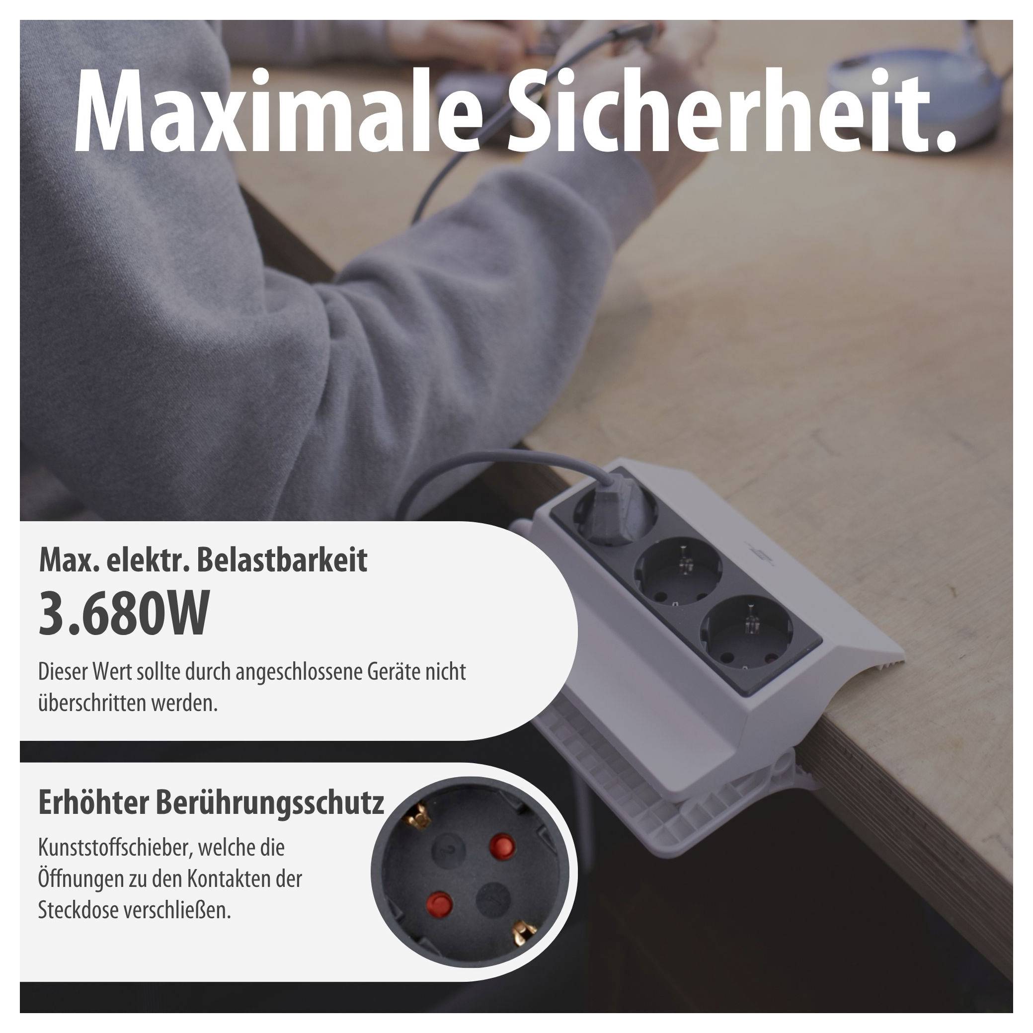 Werbung für eine Steckdosenleiste: 'Maximale Sicherheit', max. elektrische Belastbarkeit 3.680 W und erhöhter Berührungsschutz durch Kunststoffschieber.