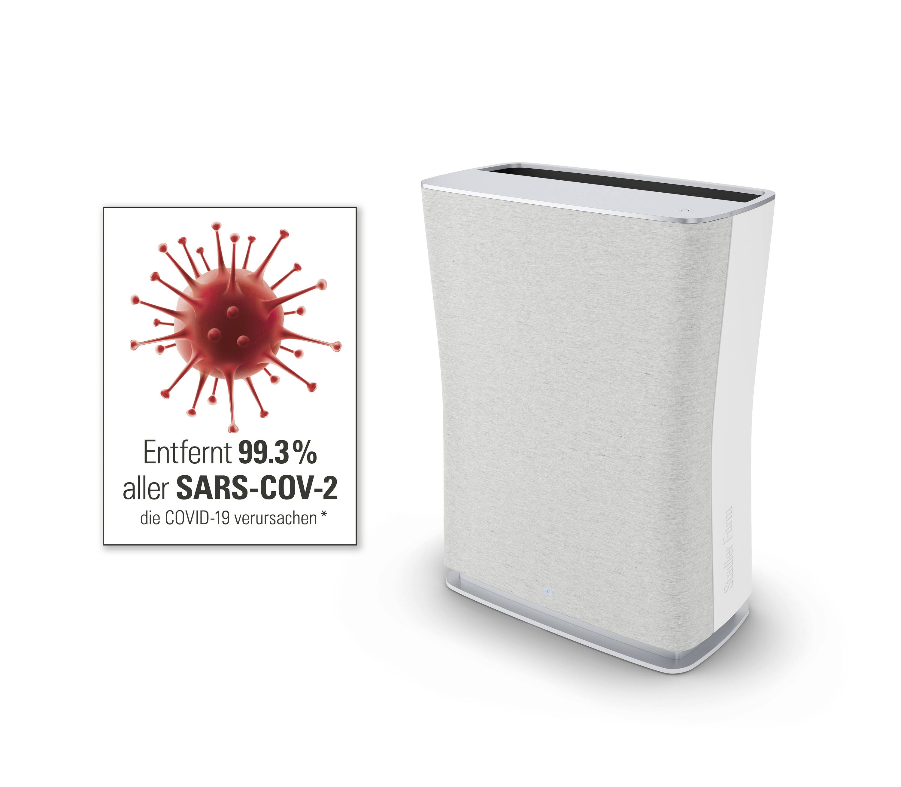 Luftreiniger neben einem Bild mit einem roten Virus-Symbol. Text im Bild: 'Entfernt 99,3% aller SARS-COV-2 die COVID-19 verursachen'.