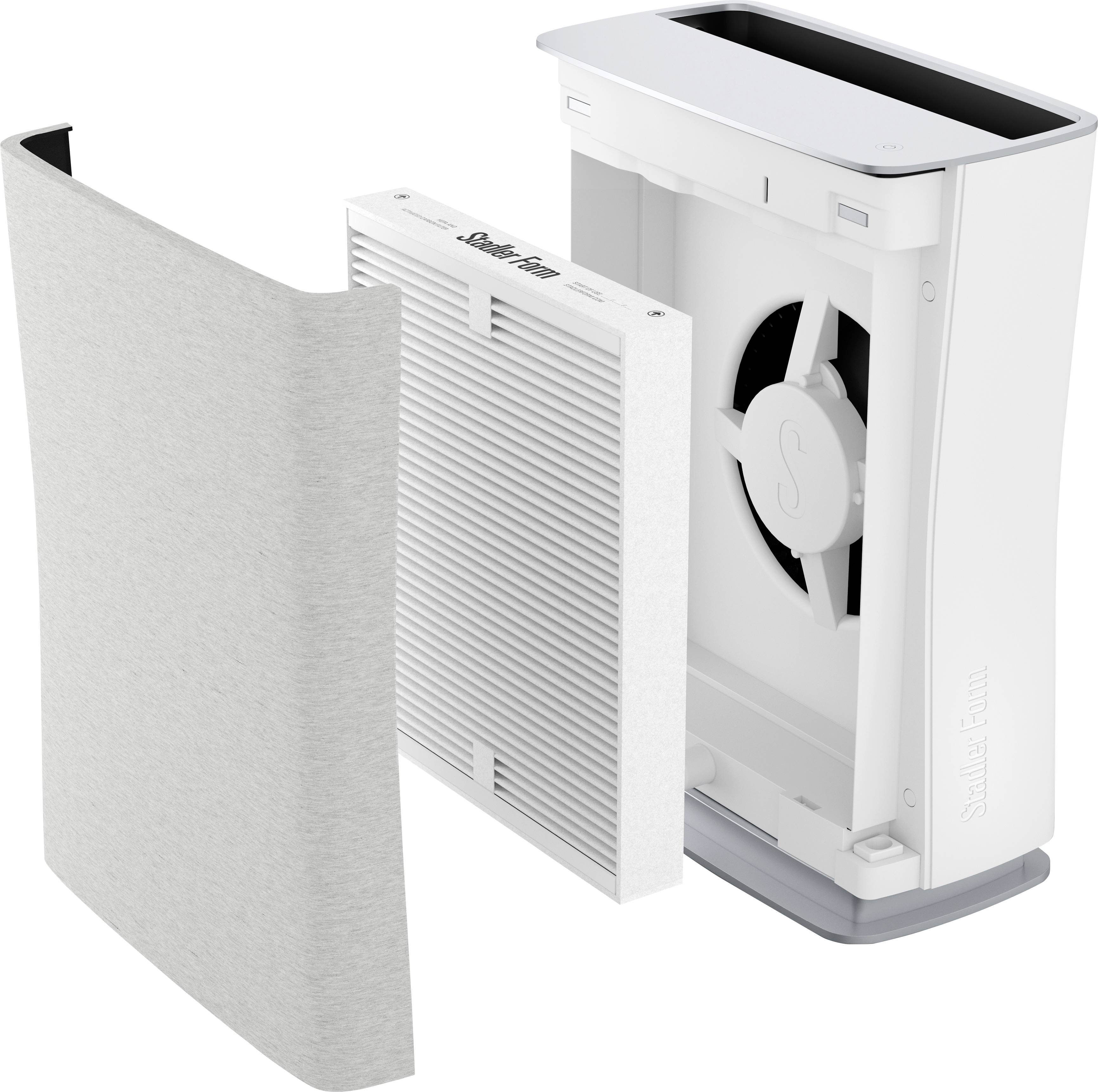 Luftreiniger in Weiß mit geöffnetem Gehäuse zeigt Filterkomponenten und Ventilator, ideal für Raumluftreinigung.