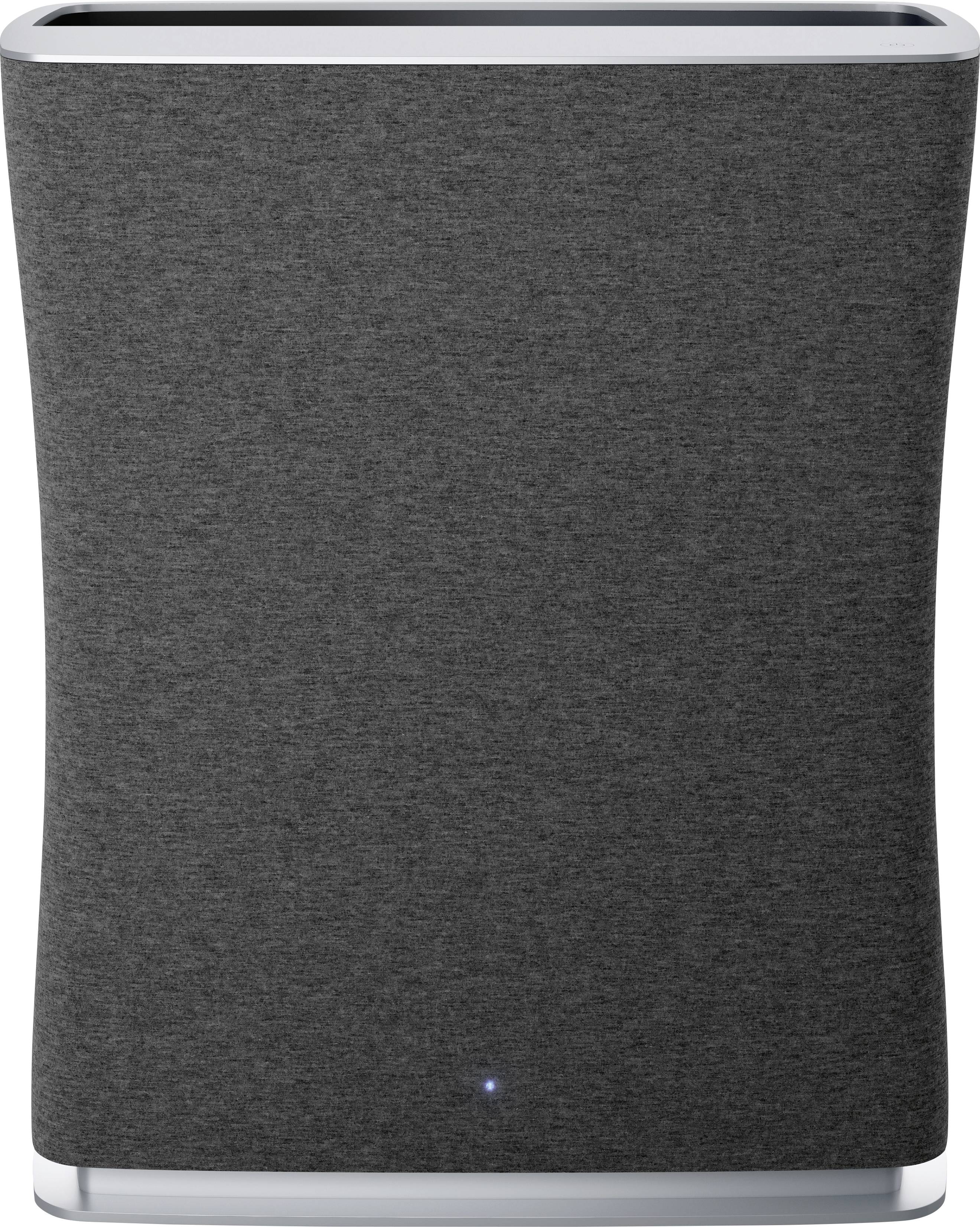 Luftreiniger mit grauem Stoffüberzug und blauer Kontrollleuchte am unteren Teil. Modernes, minimalistisches Design.