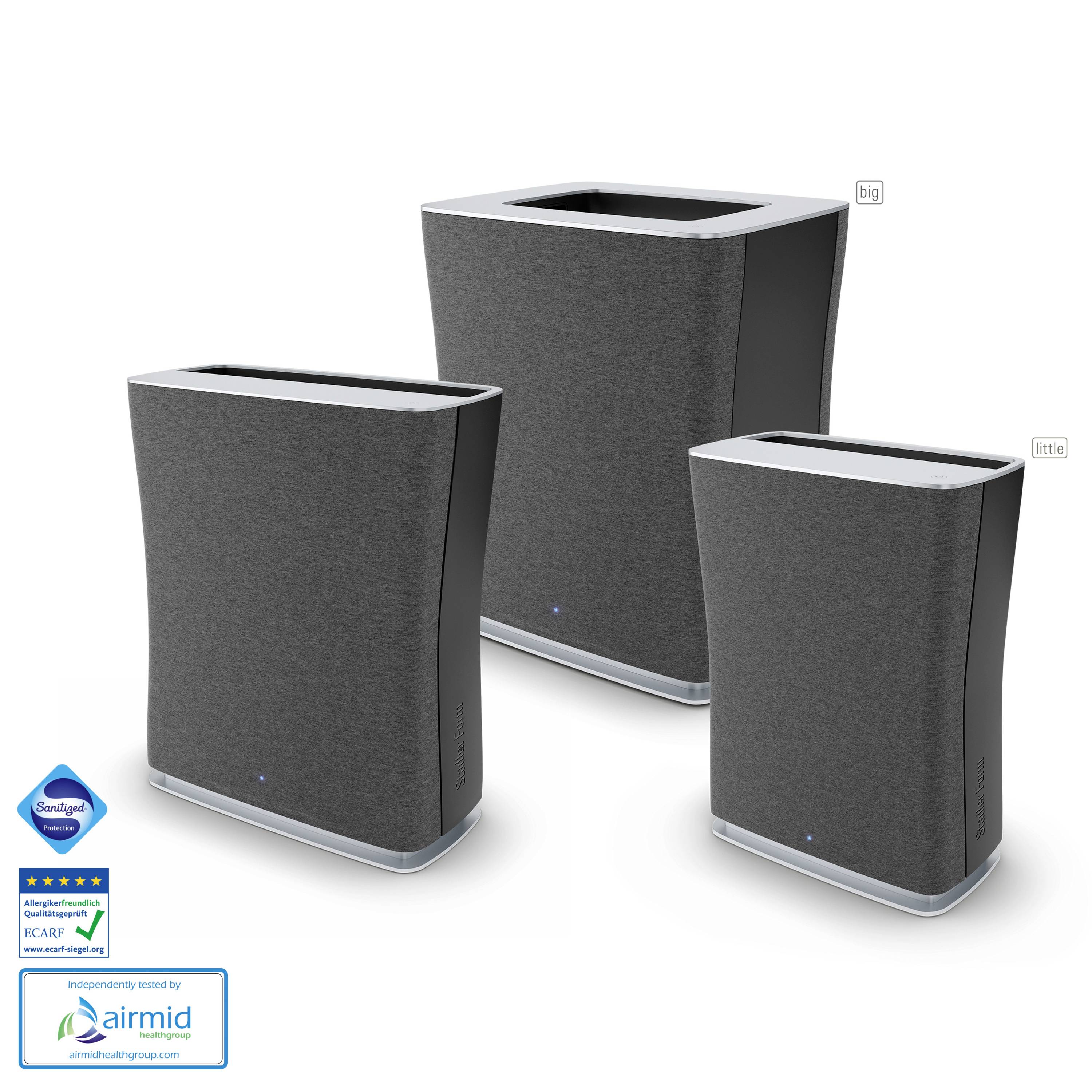 Drei graue Luftreiniger in verschiedenen Größen nebeneinander, mit LEDs an der Unterseite. Airmid-Zertifizierung unten links angezeigt.