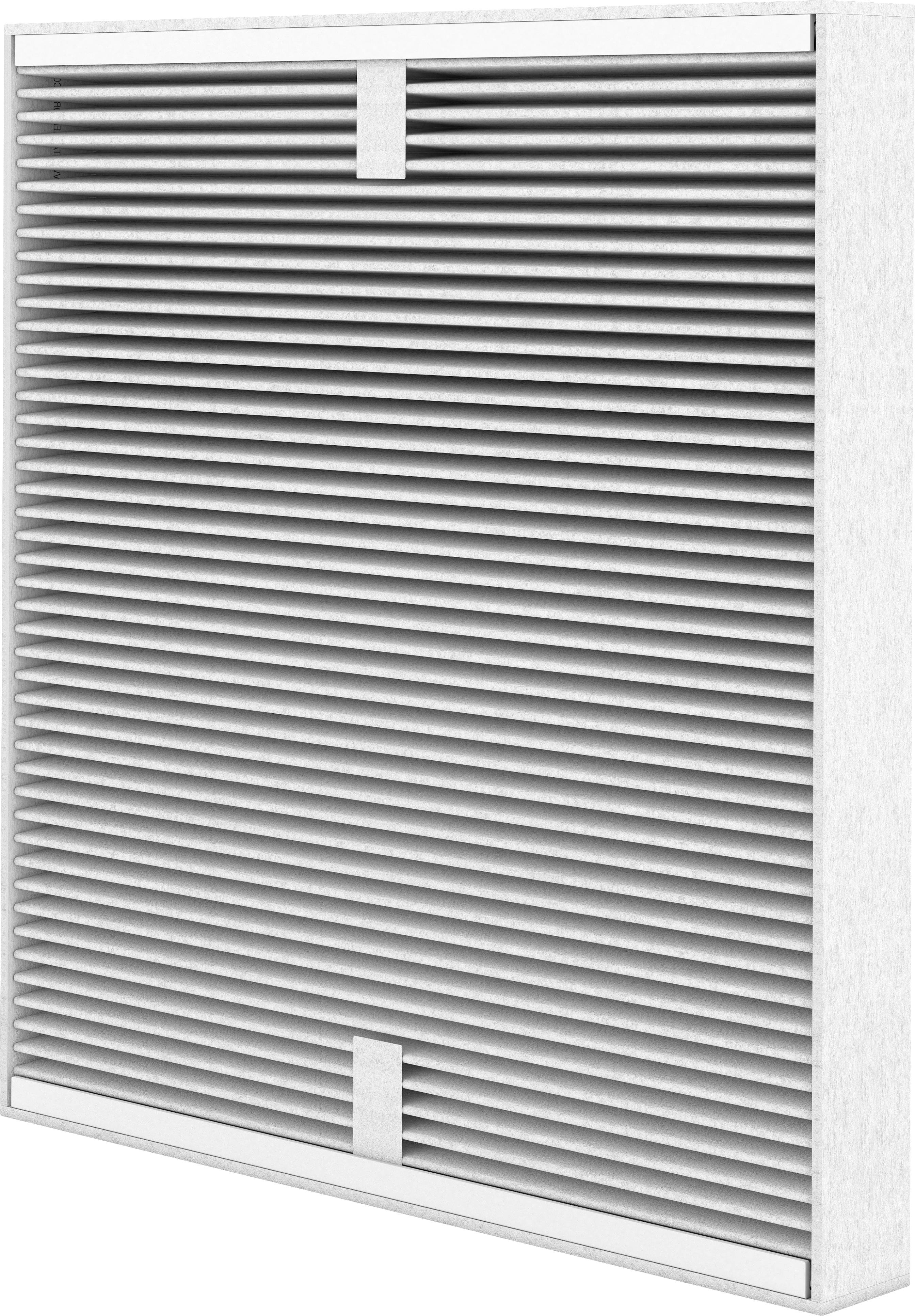 Ein rechteckiger Luftfilter mit horizontalen Lamellen, die gleichmäßig verteilt sind. Der Rahmen ist weiß und schlicht gestaltet.
