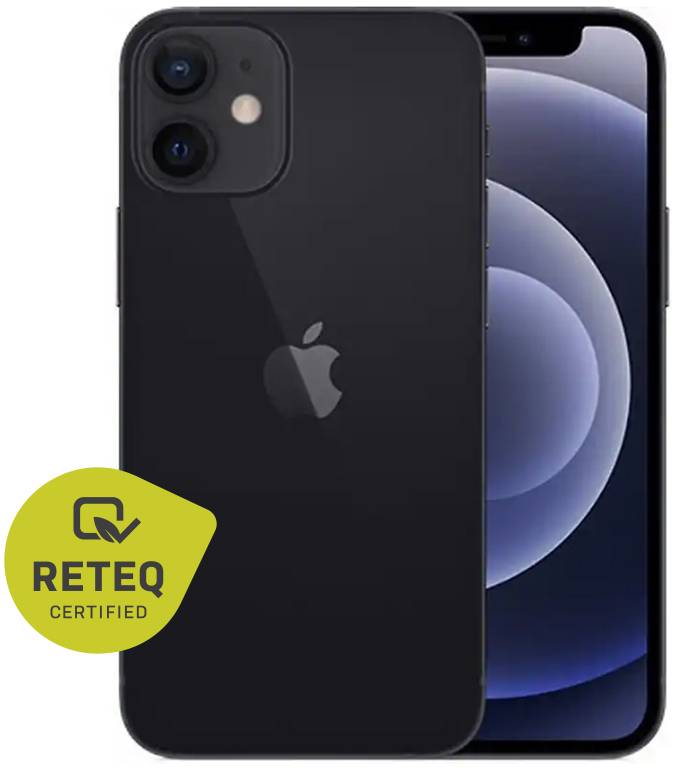 Schwarzes iPhone von vorne und hinten gezeigt, mit Dualkamera auf der Rückseite und Apple-Logo; ein gelbes „RETEQ CERTIFIED