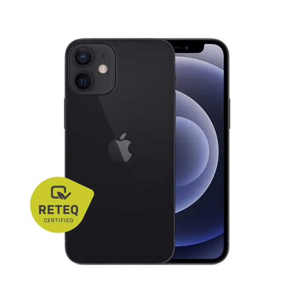 Schwarzes Apple iPhone von vorne und hinten gezeigt, mit Dual-Rückkameras und einem lila abstrakten Hintergrundbild auf dem Bildschirm.
