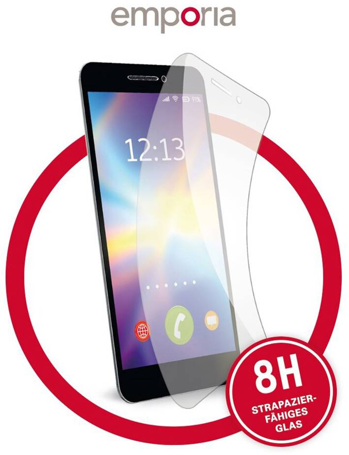 Smartphone mit einer Folie über dem Bildschirm, die Schutz bei 8 Stunden angibt. Im Hintergrund steht 'emporia'.
