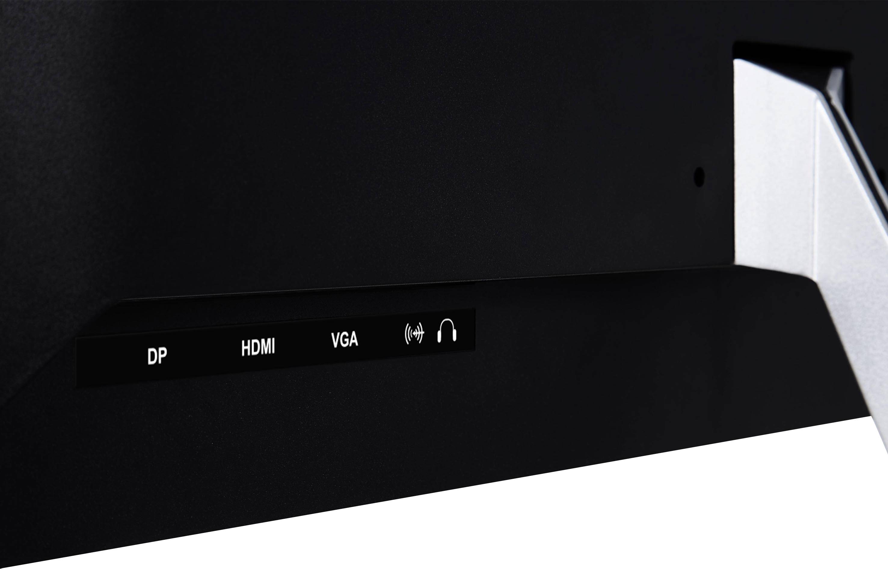 Rückseite eines Monitors mit Anschlüssen: DisplayPort, HDMI, VGA und Kopfhörerbuchse.