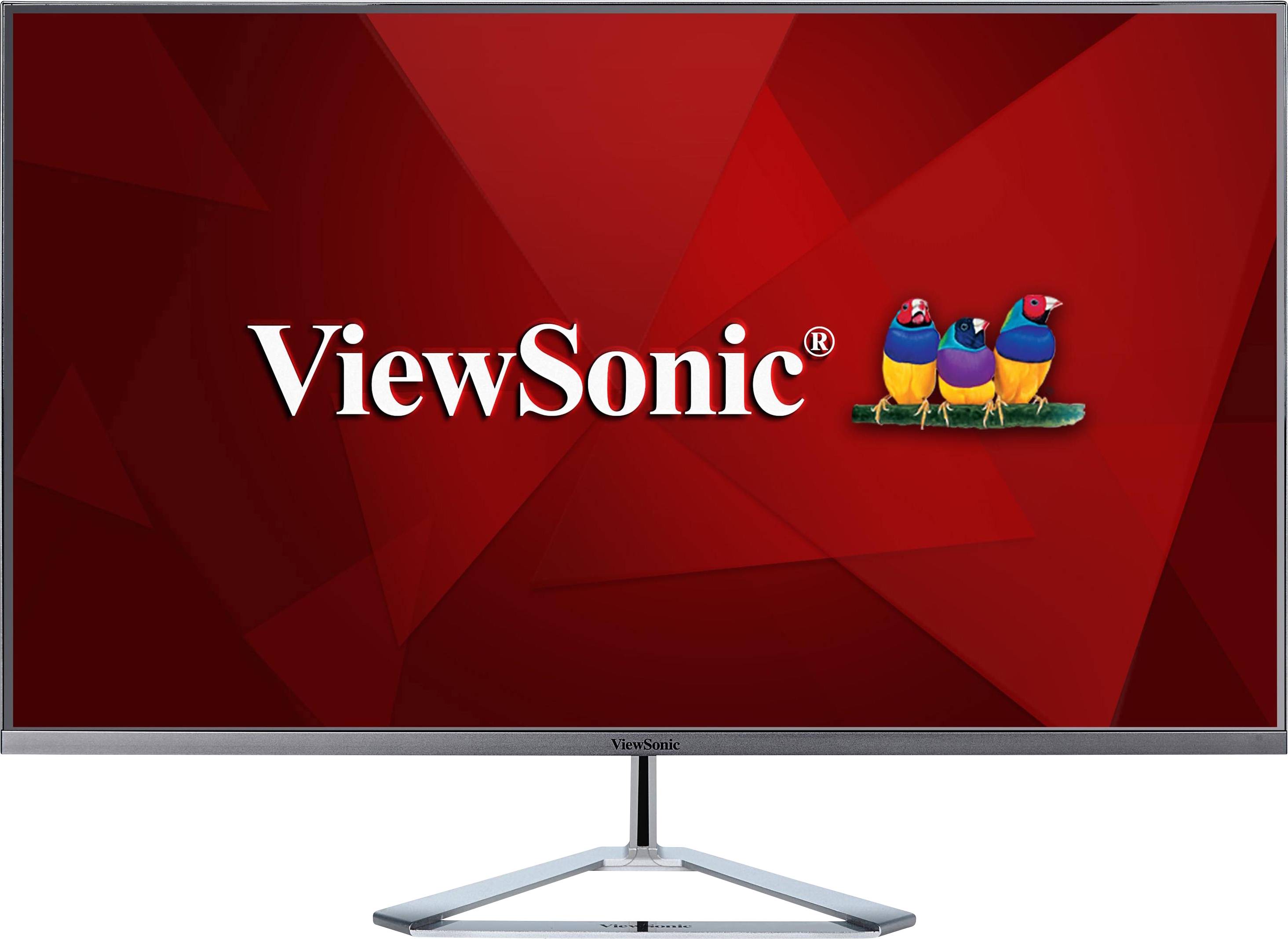 Roter Bildschirm mit 'ViewSonic'-Logo und drei bunten Vögeln auf einem Ast, Darstellung von Markenmotiven.