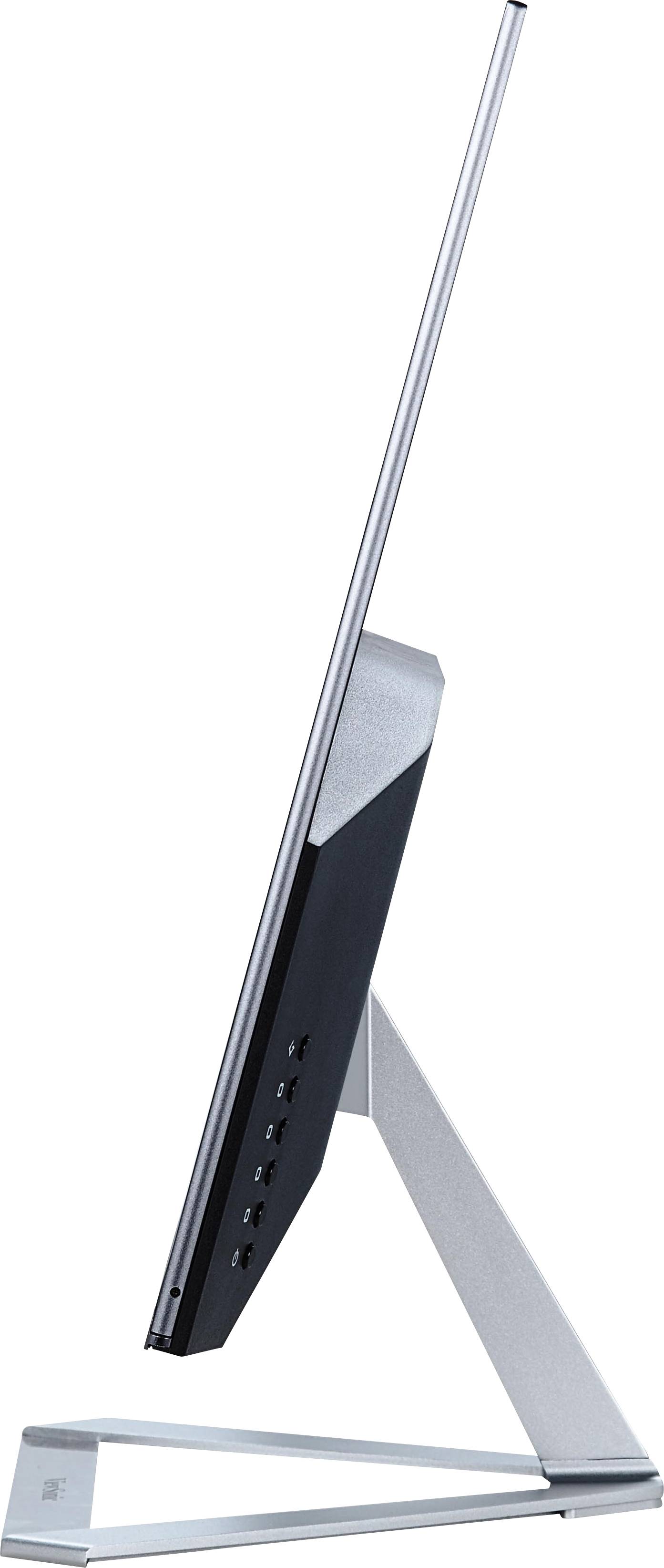 Ein ultradünner Computermonitor in seitlicher Ansicht. Der Bildschirm ist flach und in einem stilvollen, minimalistischen Design gehalten.
