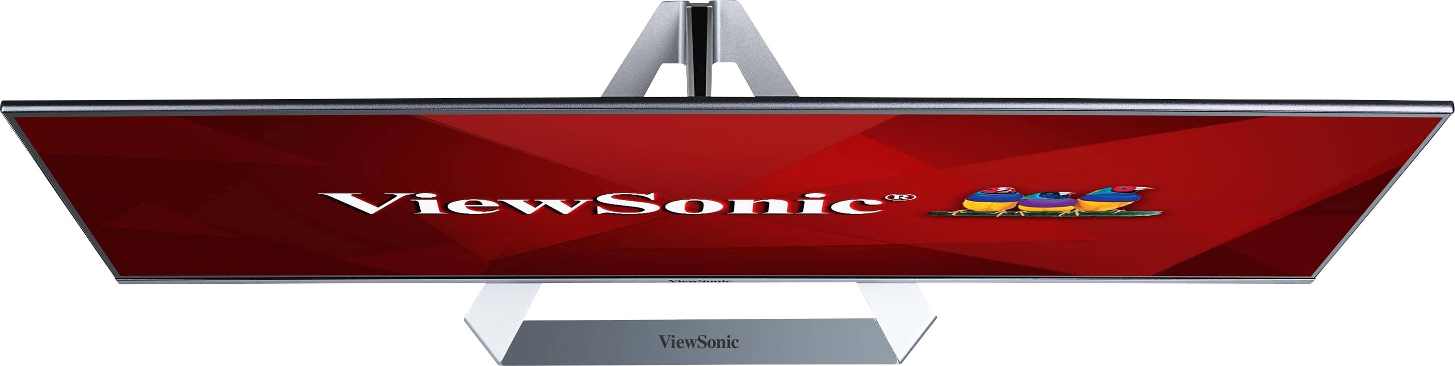 Ein Monitor, von oben gesehen, zeigt das Logo und den Schriftzug 'ViewSonic' auf einem roten Hintergrund.