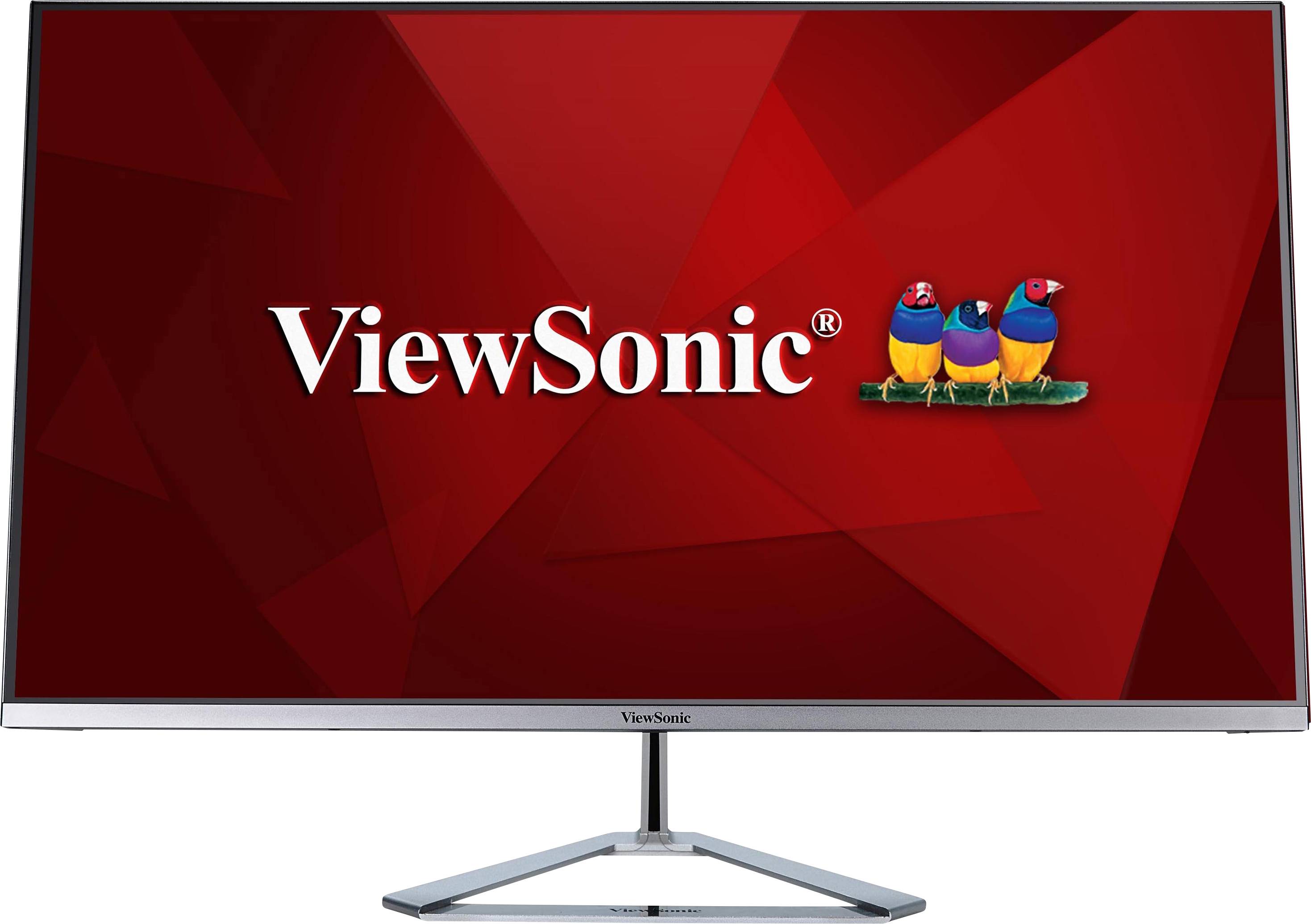 Ein Computerbildschirm mit rotem Hintergrund, zeigt das 'ViewSonic'-Logo und drei bunte Vögel.