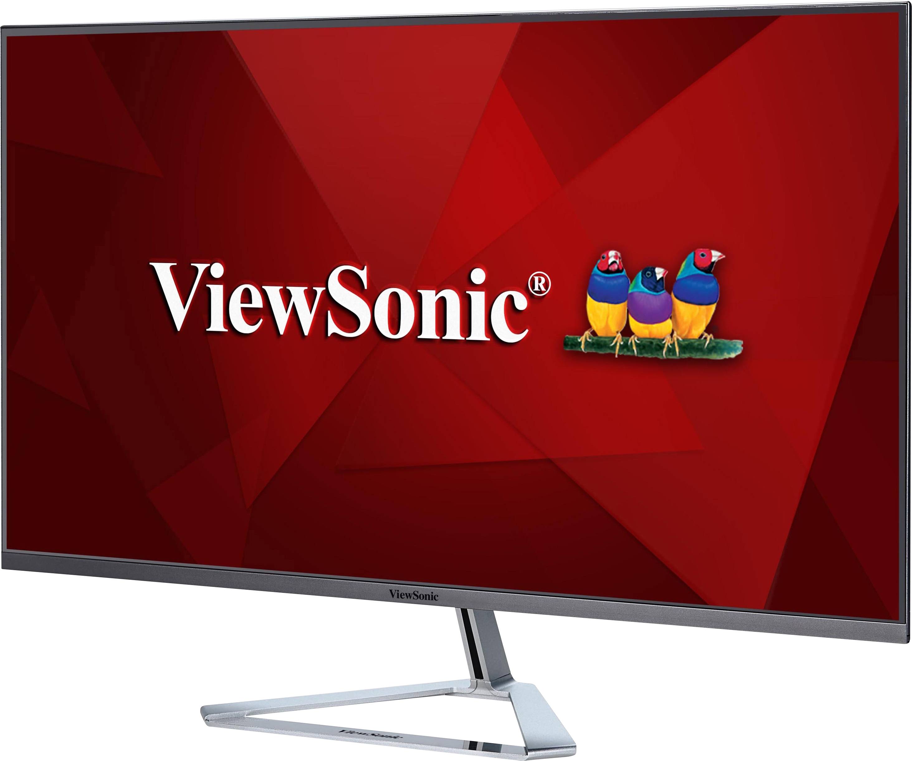 Ein Computermonitor mit einem roten Hintergrund zeigt das Logo 'ViewSonic' und drei bunte Vögel.