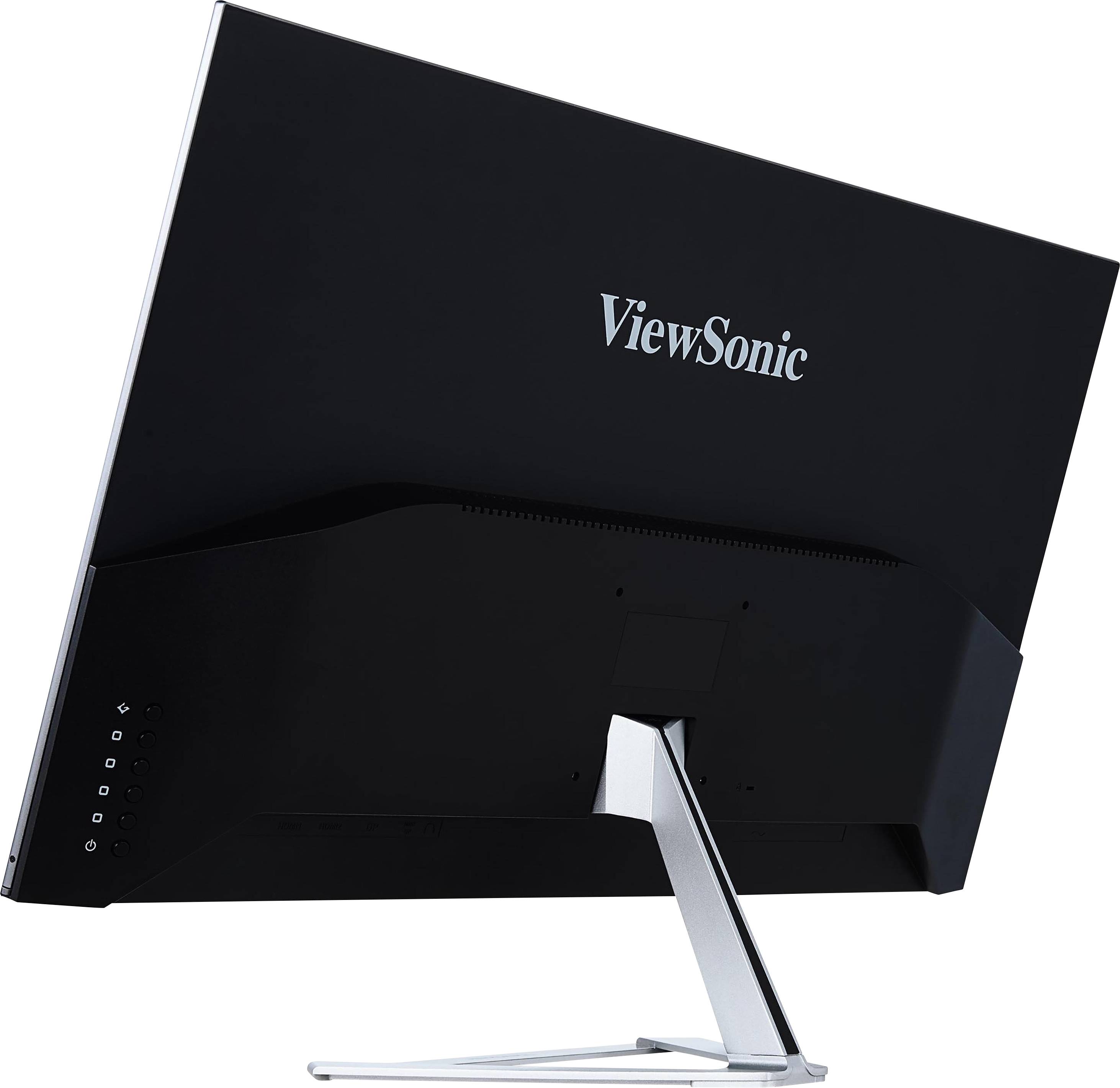 Rückansicht eines schwarzen Computermonitors der Marke ViewSonic mit silbernem Standfuß, ohne sichtbaren Bildschirminhalt.