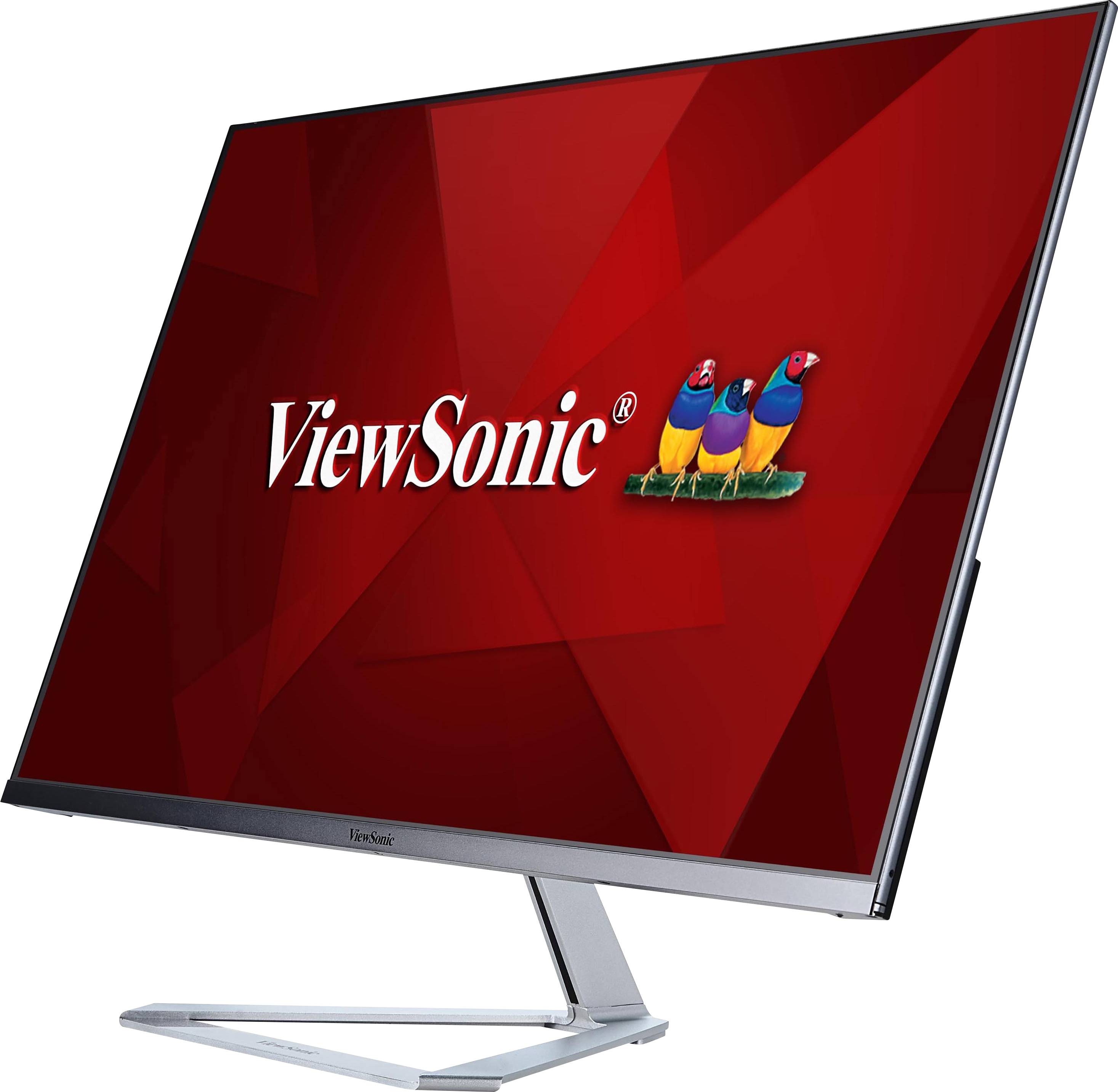 Ein Monitor zeigt das ViewSonic-Logo auf einem roten Hintergrund. Der Bildschirm steht schräg in einem modernen, eleganten Design.