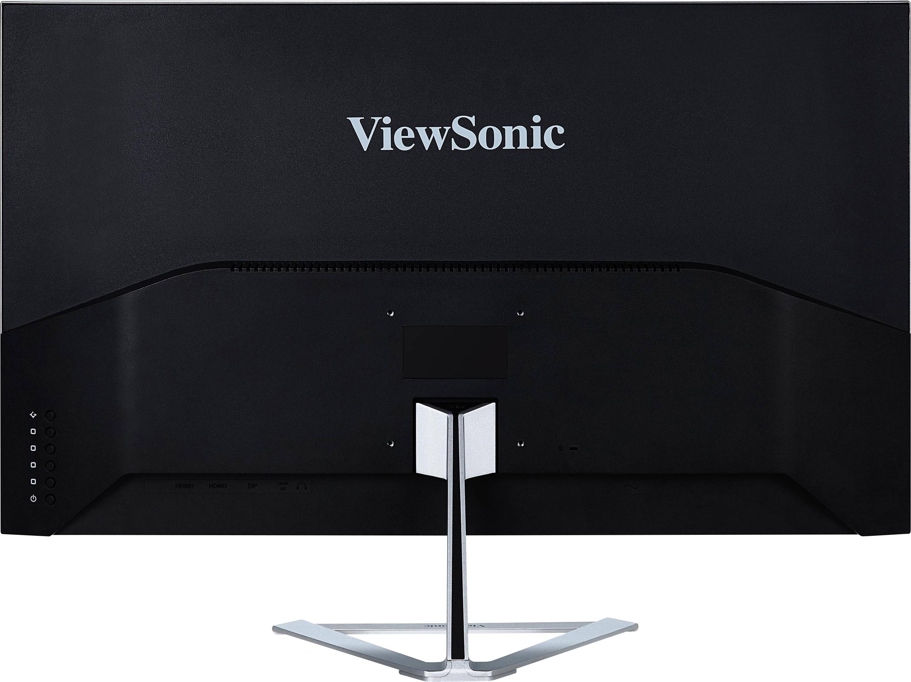 Ein schwarzer Monitor der Marke ViewSonic mit einem glänzenden, metallischen Standfuß, von hinten gezeigt.