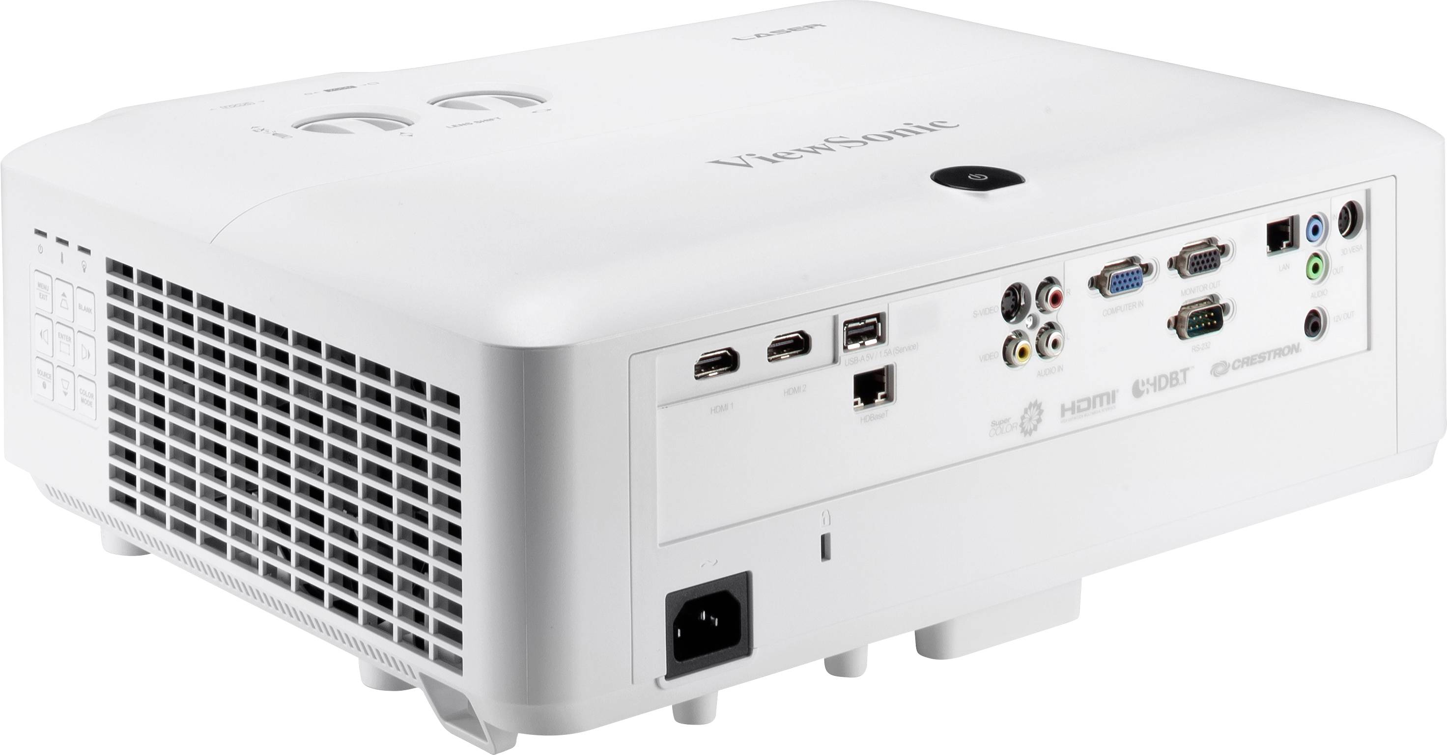 Ein weißer Projektor mit mehreren Anschlüssen für HDMI, USB, VGA und Audio auf der Rückseite, geeignet für Präsentationen und Heimkino.