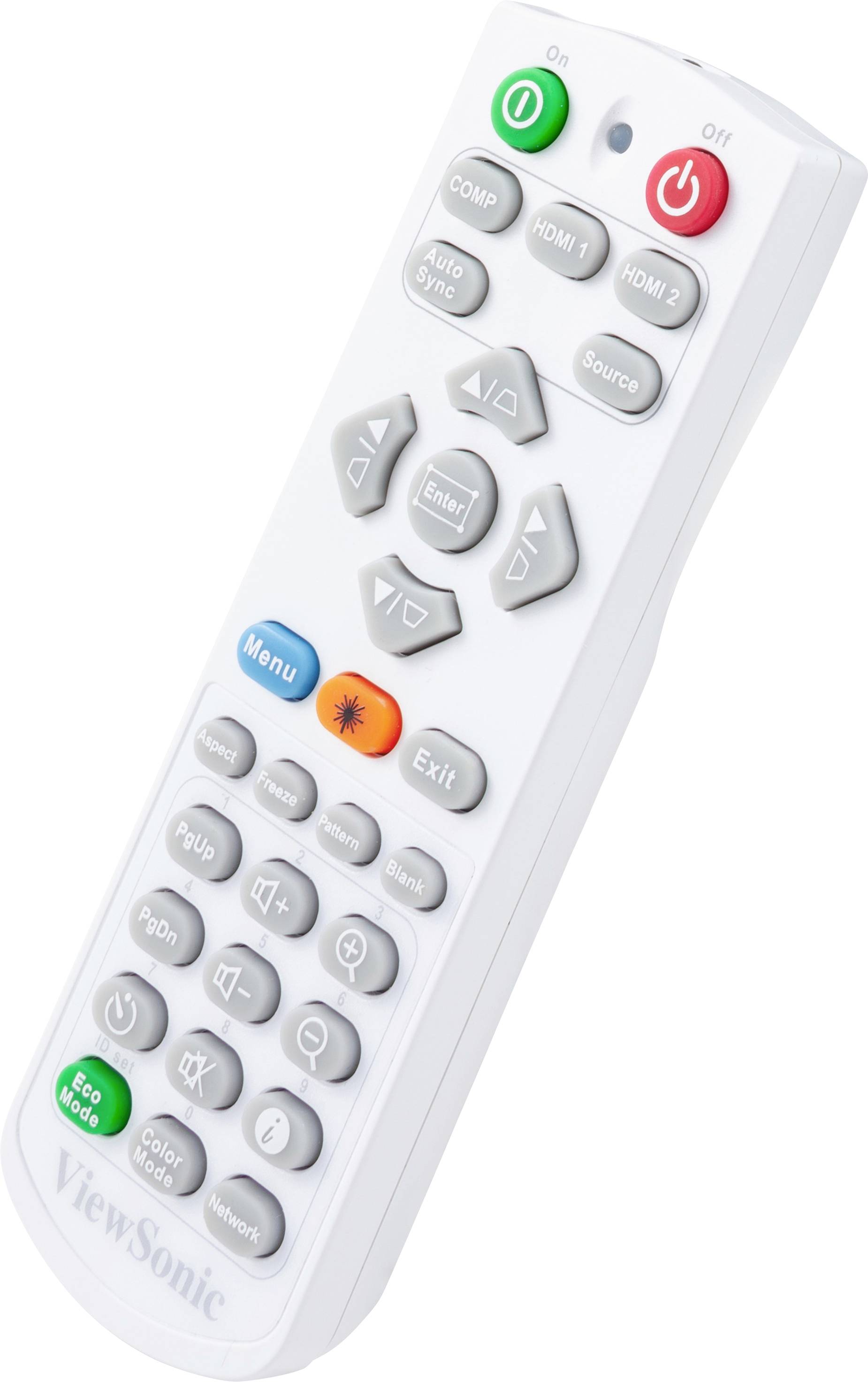 Fernbedienung mit Tasten für 'Ein/Aus', 'Menü', Eingangsquellen (HDMI, VGA), Lautstärke, 'Eco-Modus', und andere Funktionen.