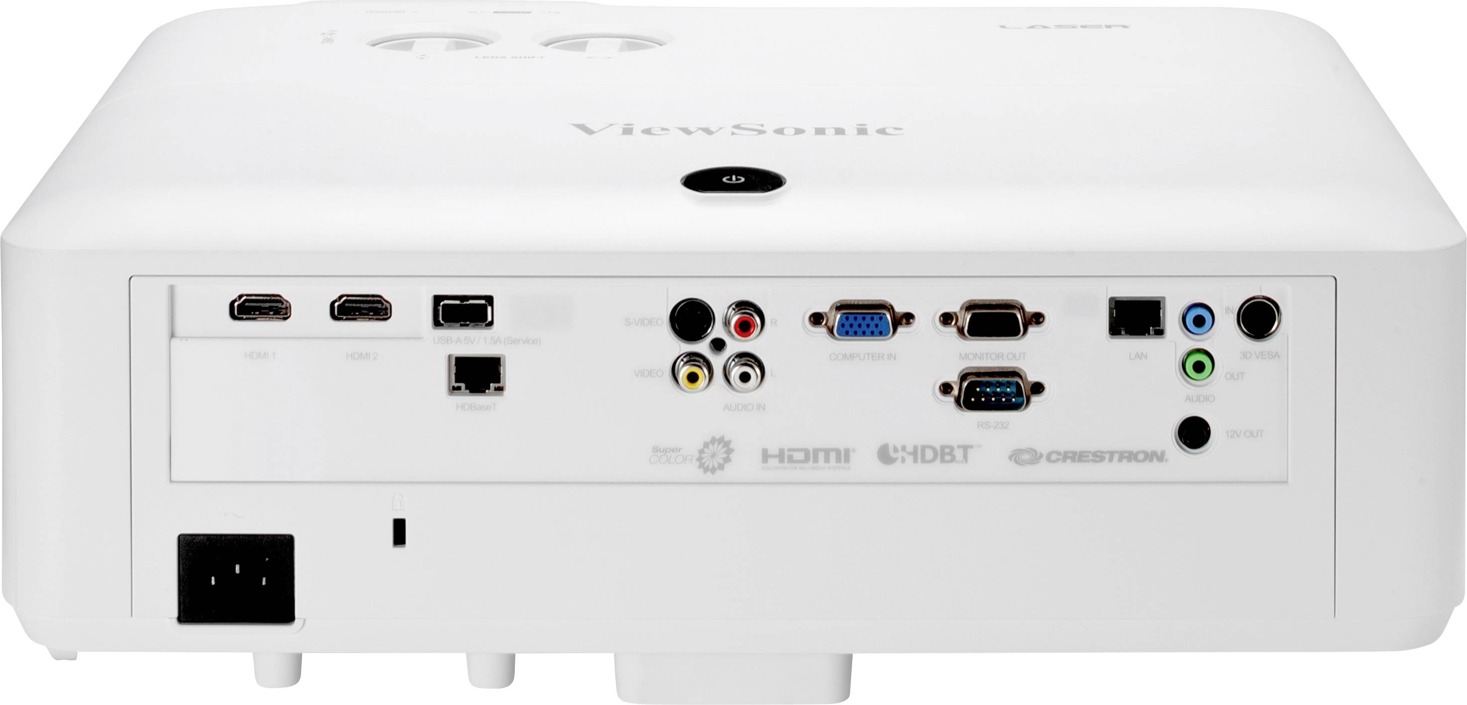 Ein Projektor von hinten mit mehreren Anschlüssen, darunter HDMI, VGA, USB und Audio. Geeignet zur vielseitigen Mediennutzung.