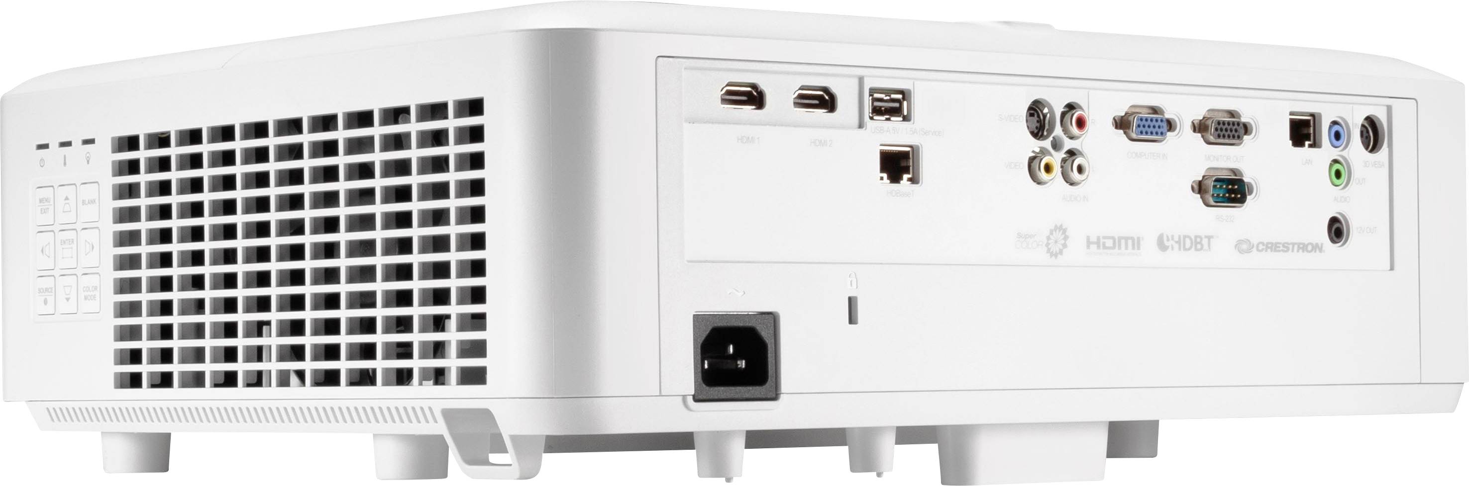 Rückansicht eines weißen Projektors mit verschiedenen Anschlussports, darunter HDMI, USB, und VGA, auf der rechten Seite.