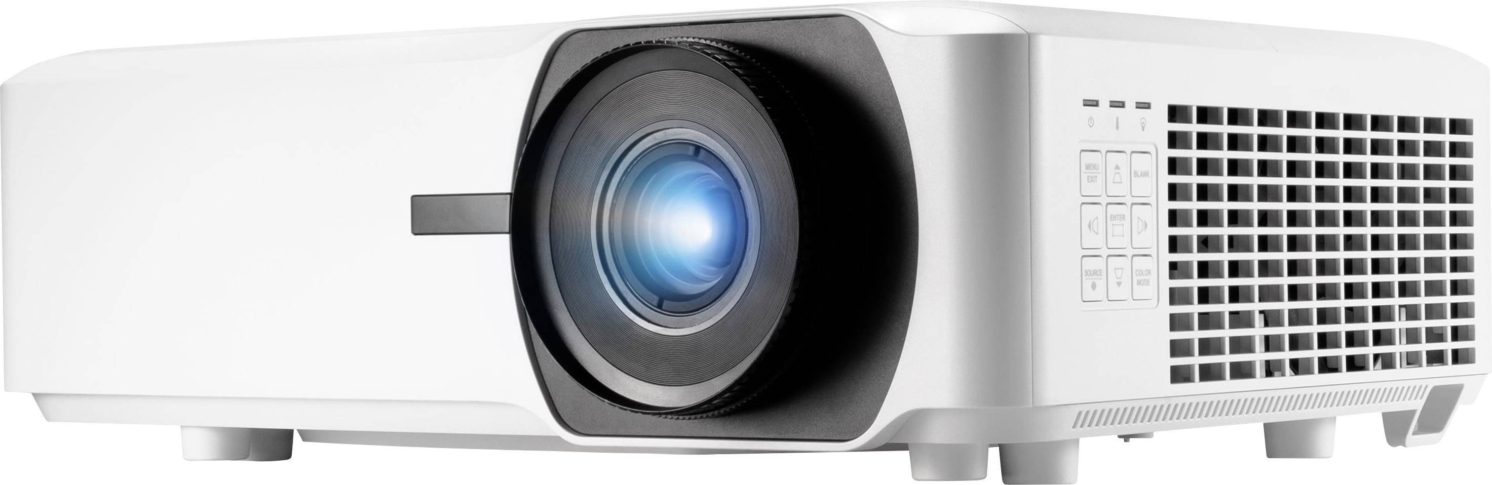 Ein weißer Projektor mit blauem leuchtendem Objektiv und Lüftungsschlitzen an der Seite.