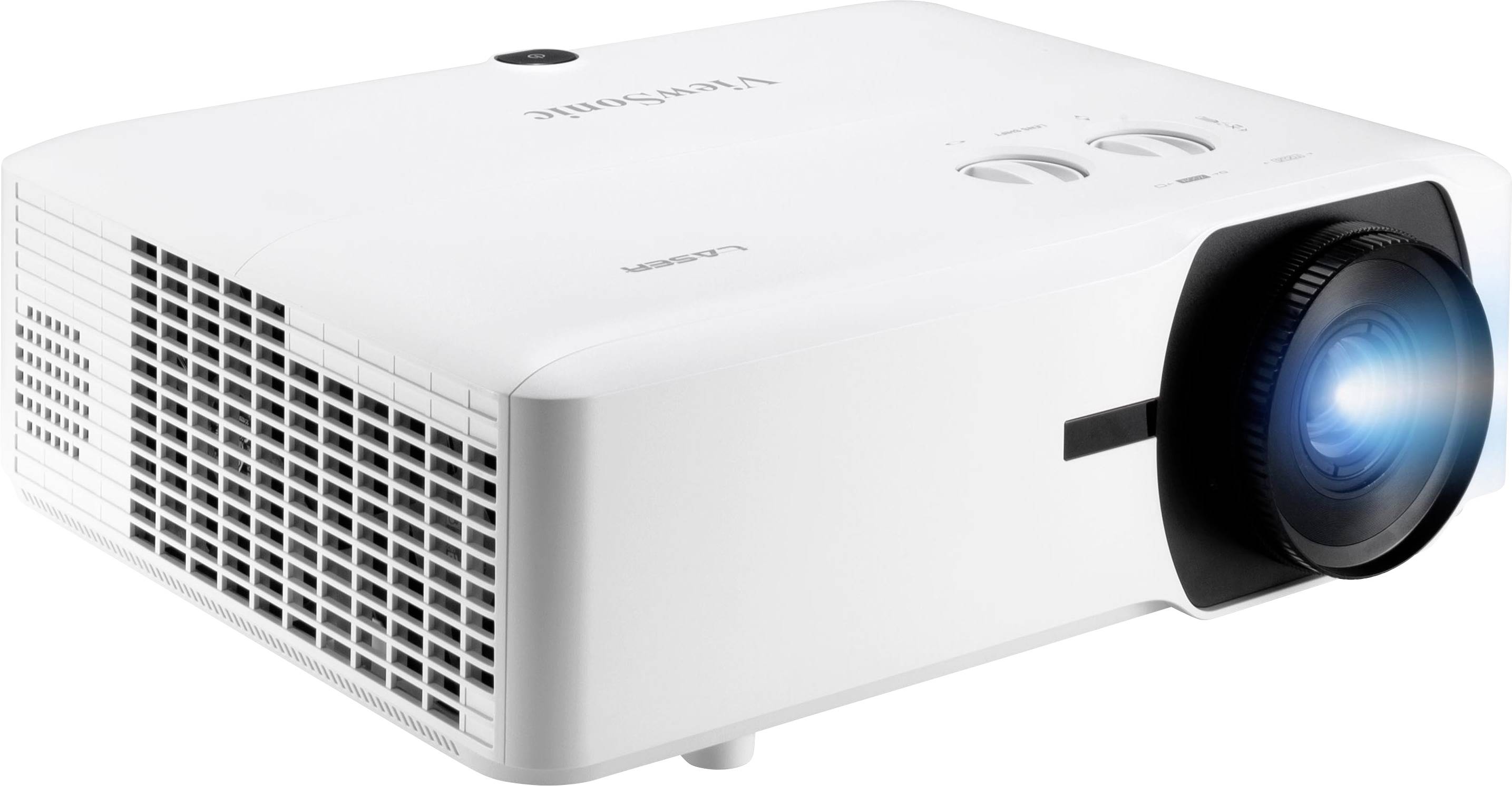 Weißer Projektor mit einem leuchtenden Objektiv auf der rechten Seite, geeignet für Präsentationen oder Heimkino.