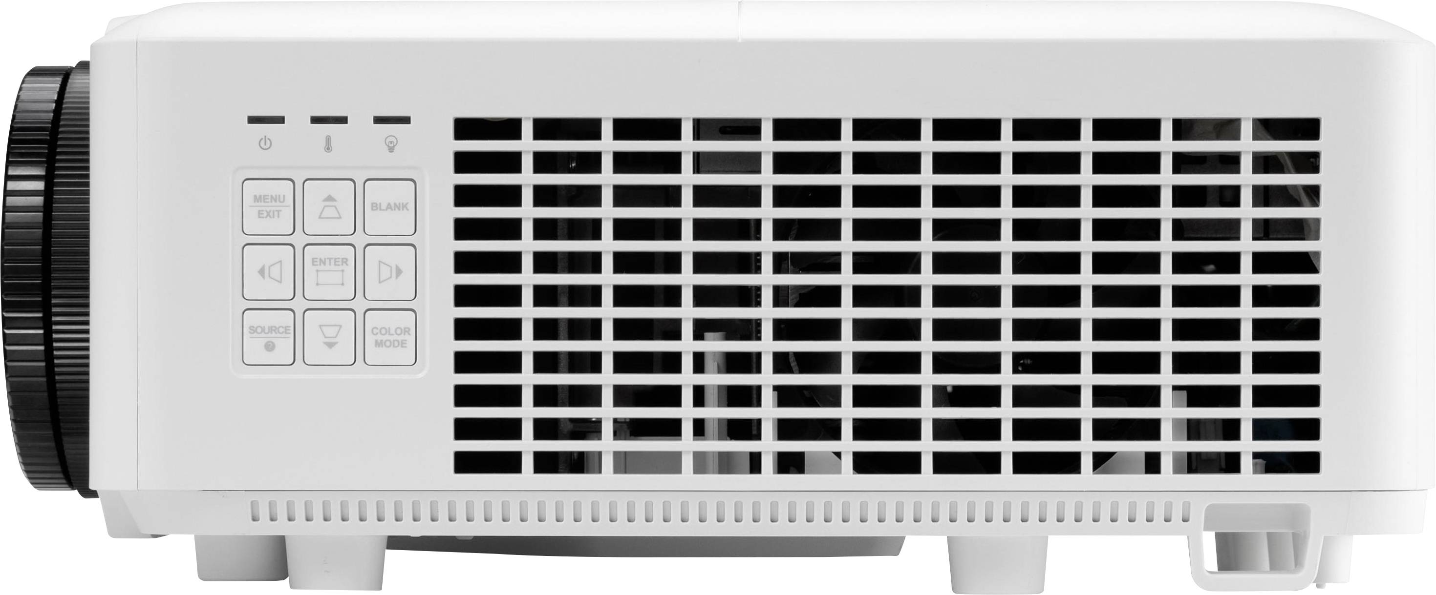 Weißer Projektor seitlich gesehen mit Lüftungsgitter und Steuerungstasten.