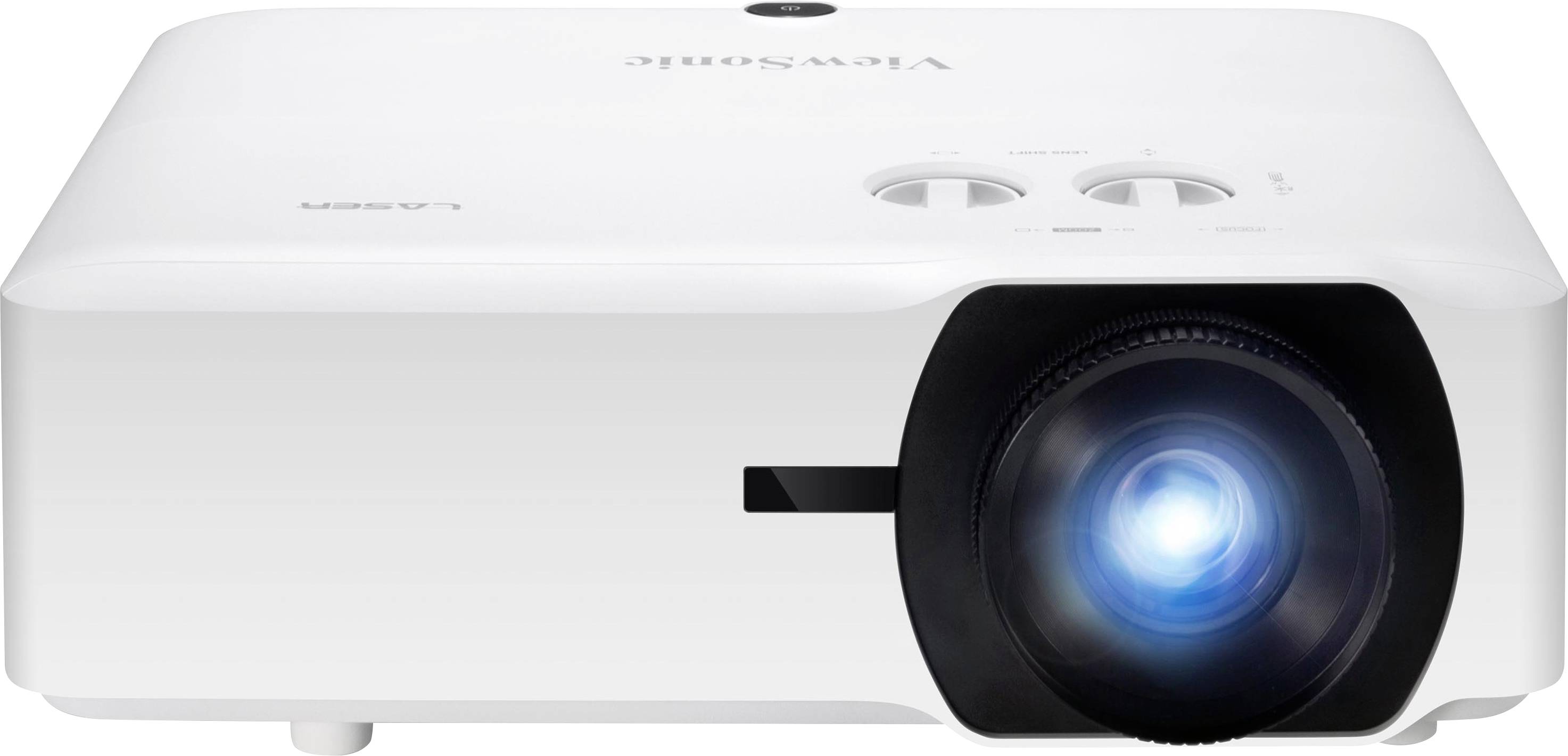 Ein weißer Projektor mit leuchtendem Objektiv, geeignet für Präsentationen in Konferenzräumen oder Klassenzimmern.