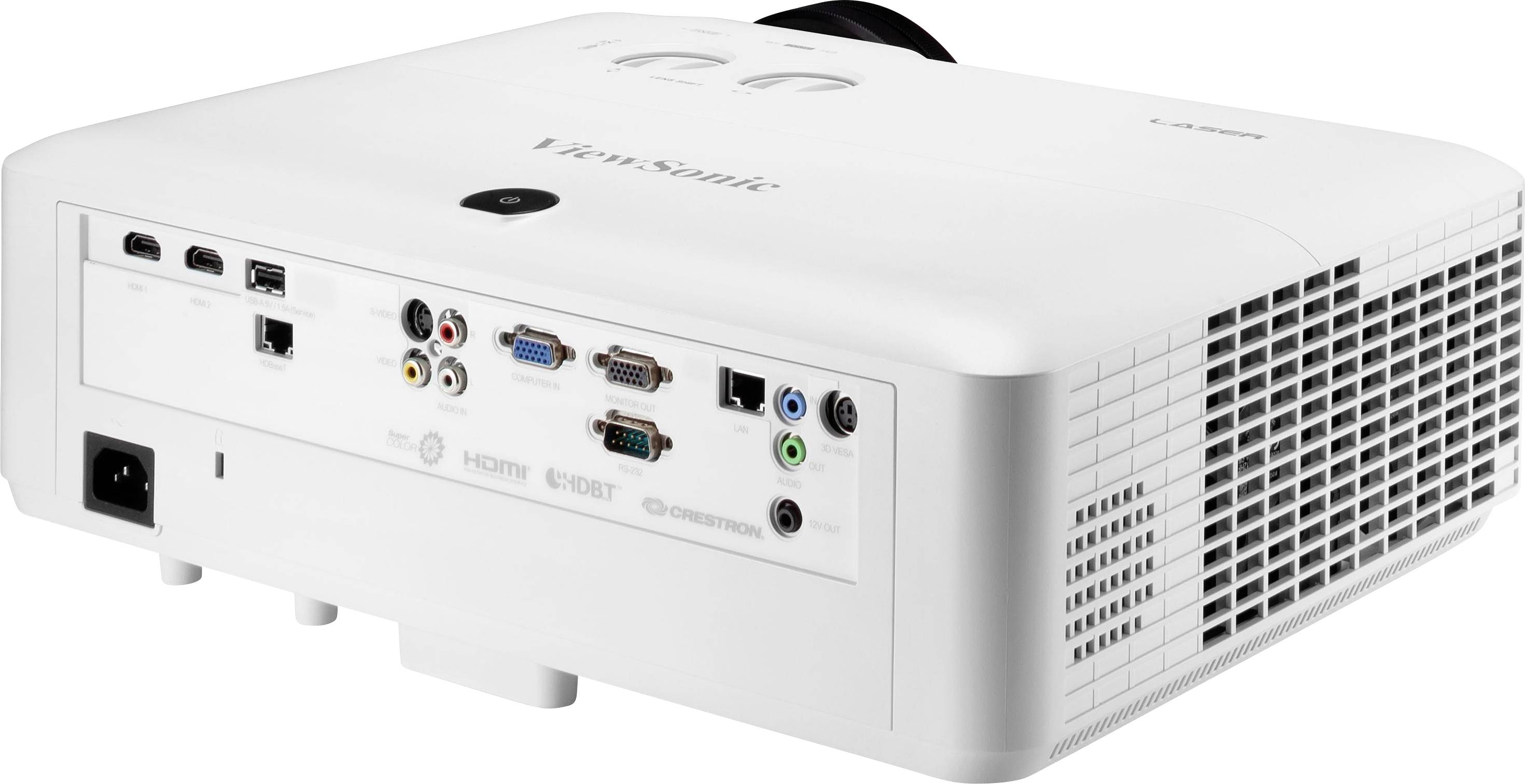 Ein weißer Multimedia-Projektor mit verschiedenen Anschlussmöglichkeiten, einschließlich HDMI, USB und VGA, auf der Rückseite.