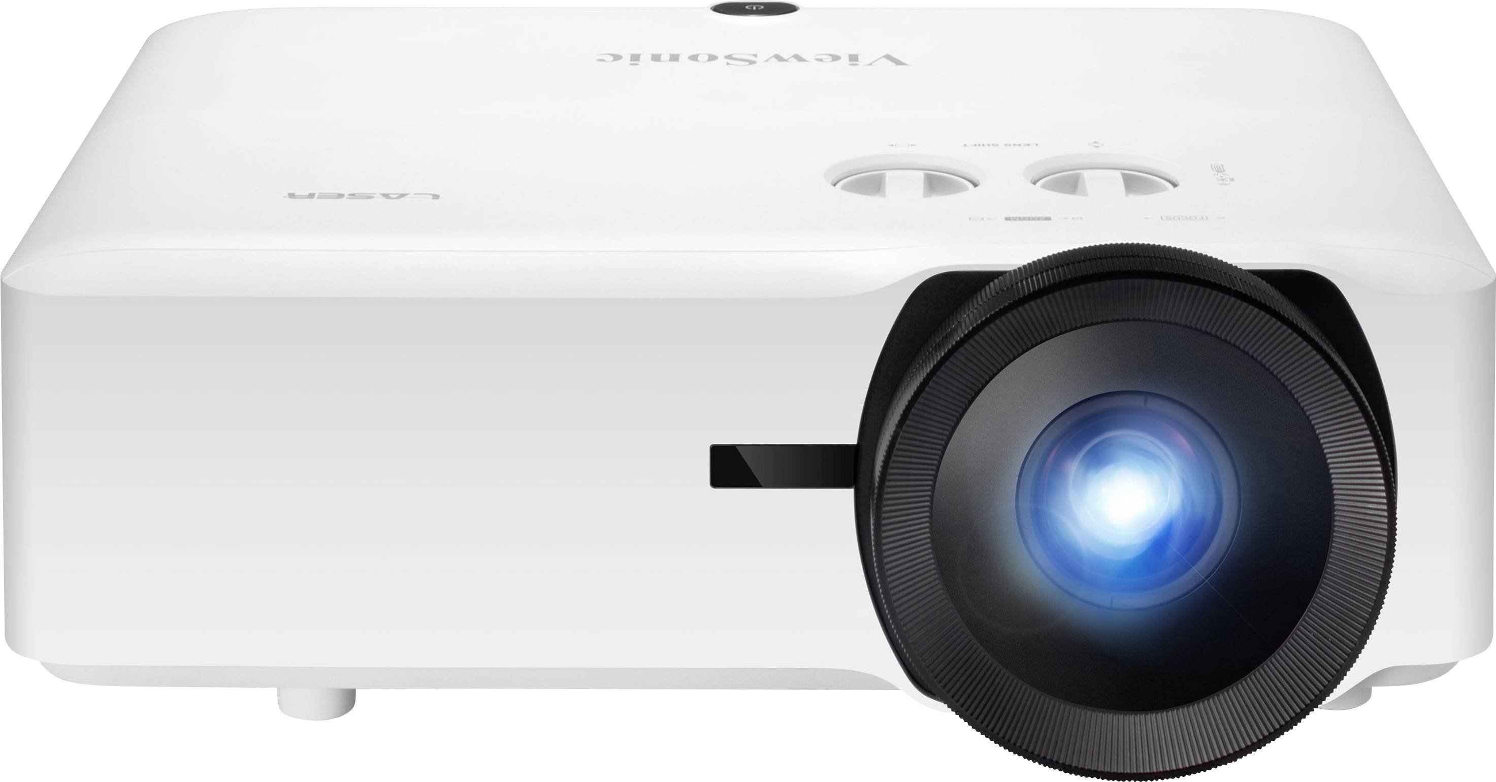 Ein weißer Projektor mit einer leuchtenden Linse, von vorne gesehen. Auf der Oberseite befinden sich Bedienknöpfe.