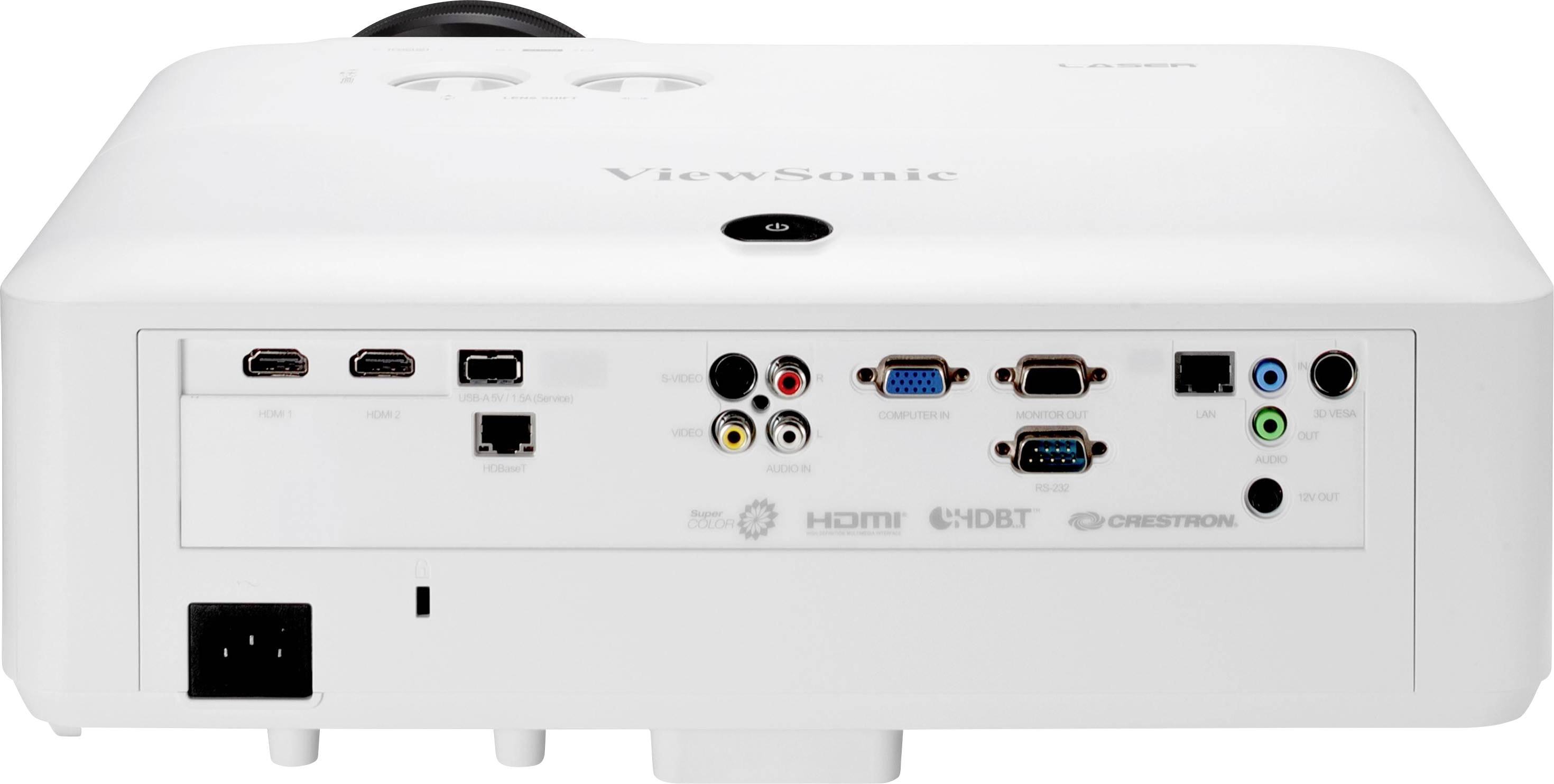 Die Rückseite eines Projektors mit Anschlüssen: zwei HDMI-Anschlüsse, VGA, LAN, Audioeingänge und -ausgänge.