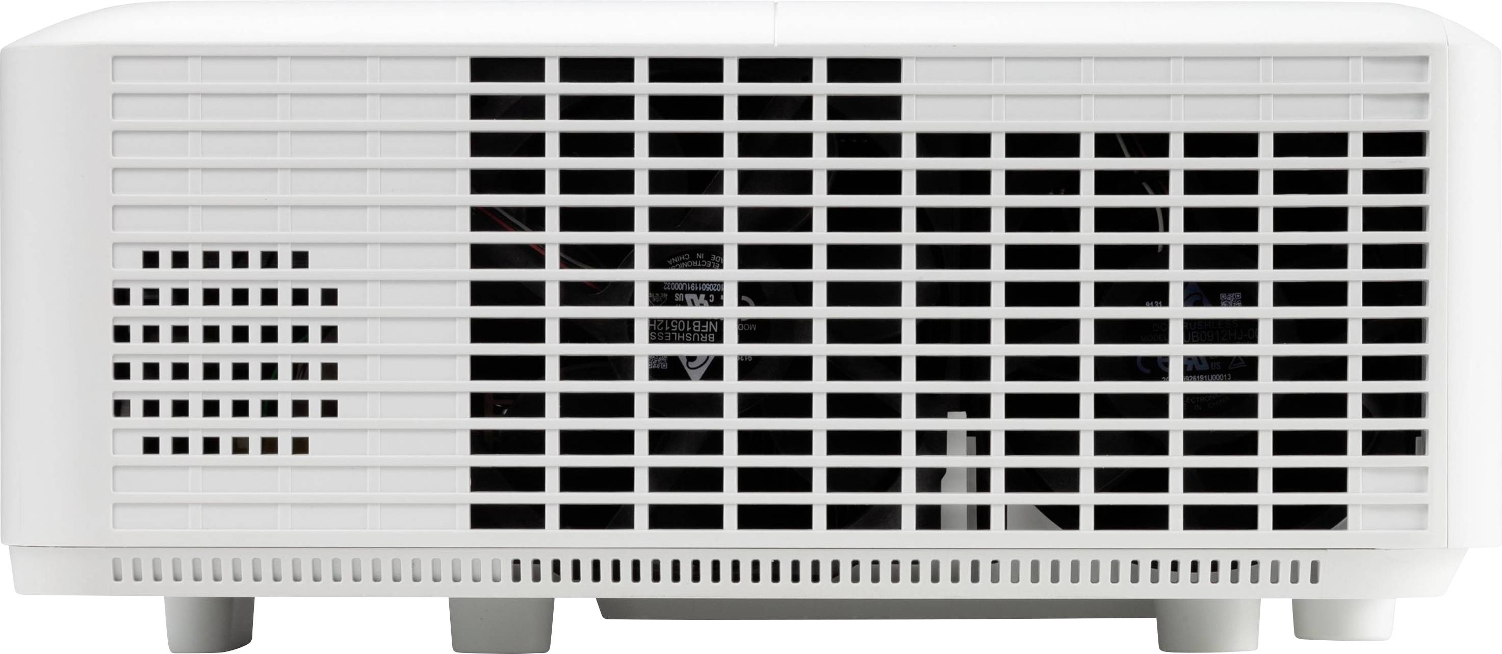 Ein weißer Projektor mit Lüftungsschlitzen an der Vorderseite.