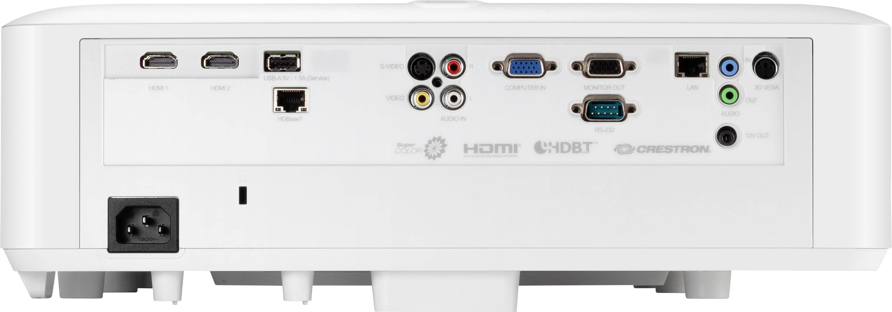 Die Rückseite eines Projektors mit verschiedenen Anschlussmöglichkeiten, darunter HDMI, VGA, USB und Audioanschlüsse.