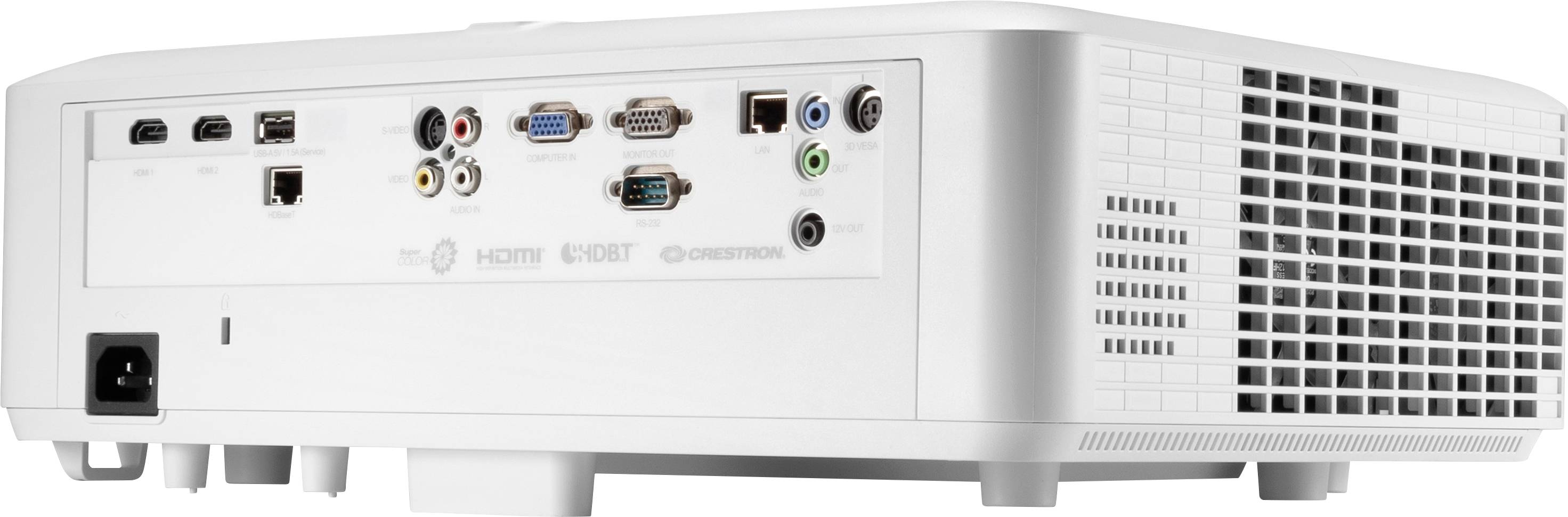 Ein weißer Projektor mit mehreren Anschlüssen auf der Rückseite, darunter HDMI, VGA und Audio, geeignet für Multimedia-Präsentationen.