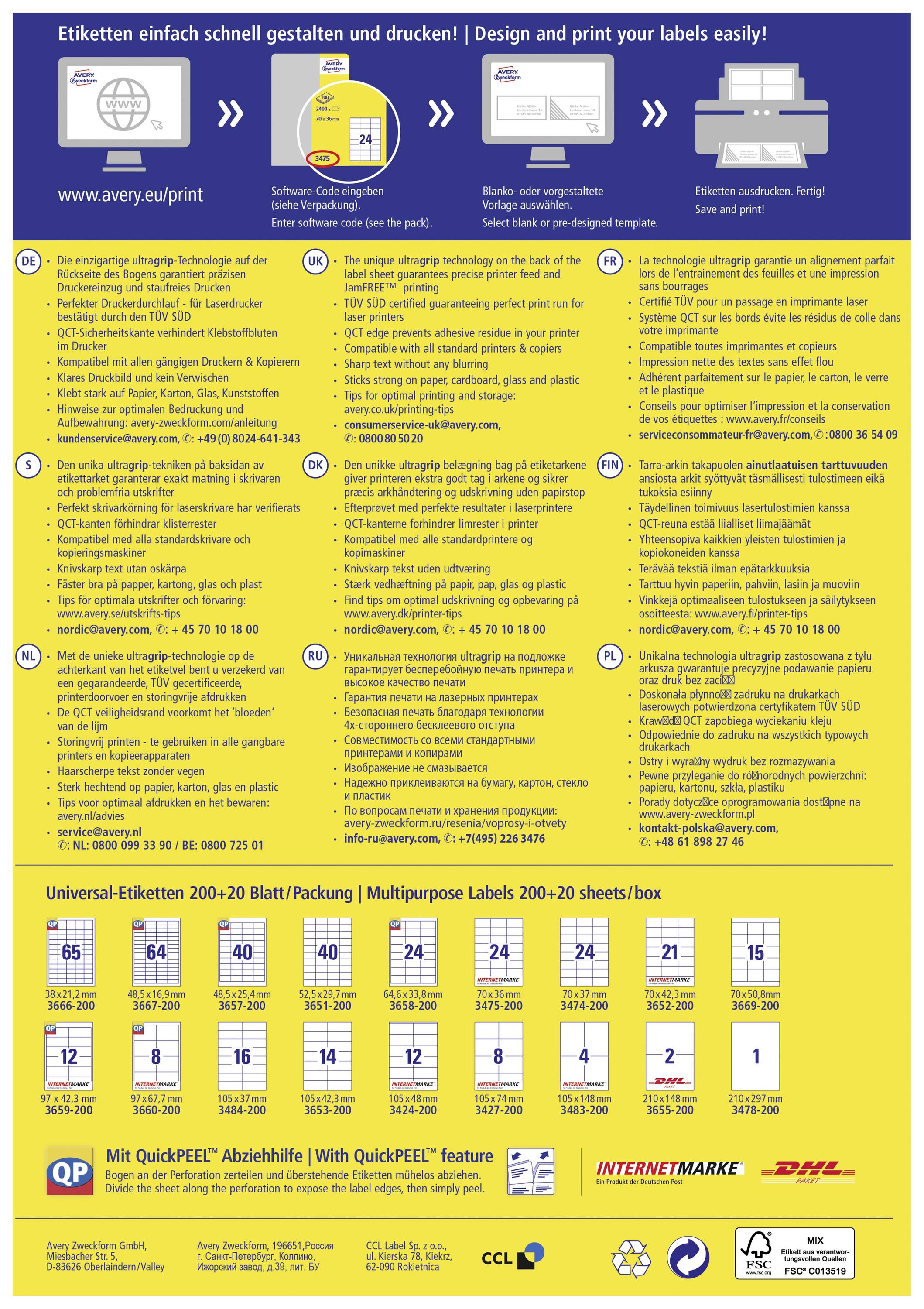 'Etiketten einfach schnell gestalten und drucken! Design and print your labels easily!' Anleitung zur Etikettenerstellung in mehreren Sprachen mit Produktbeispielen und Symbolen.