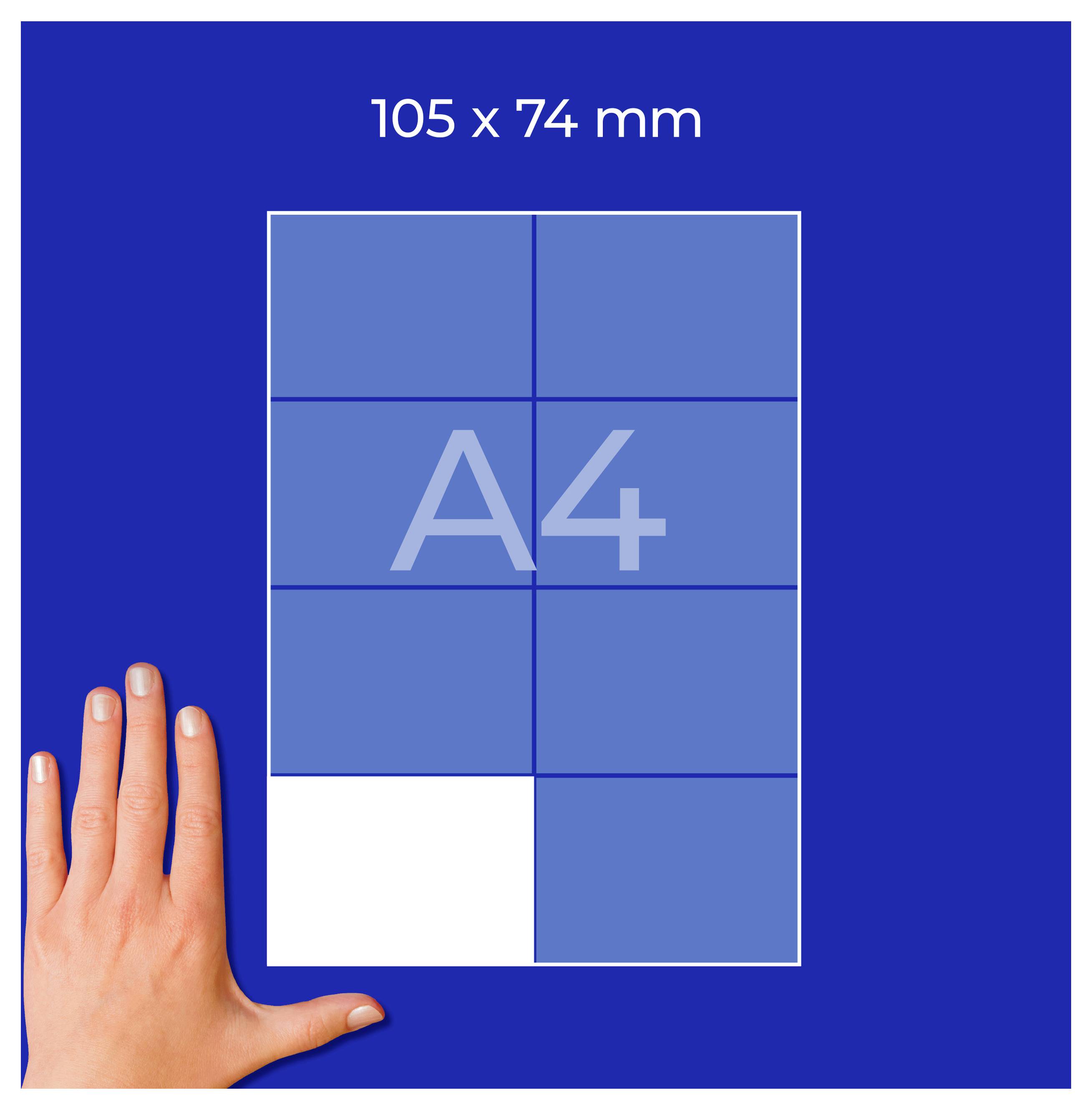 Grafik zeigt ein A4-Blatt mit Maßangabe '105 x 74 mm' und einer Hand daneben, die die Größe veranschaulicht.
