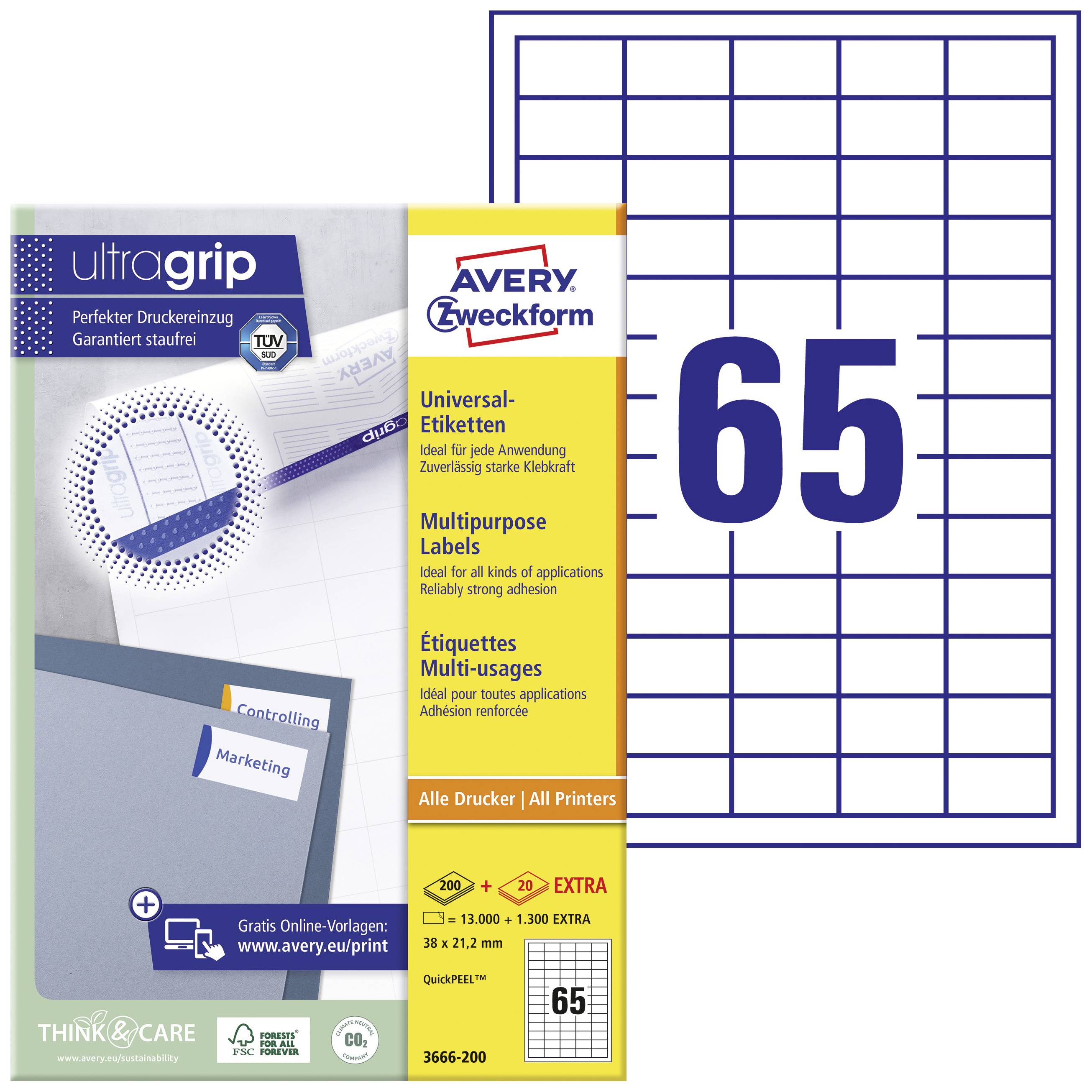 Verpackung Avery Zweckform UltraGrip Universal-Etiketten, 65 Etiketten pro Blatt, für alle Drucker geeignet. Abgebildet ist ein Blatt mit Etikettenraster.
