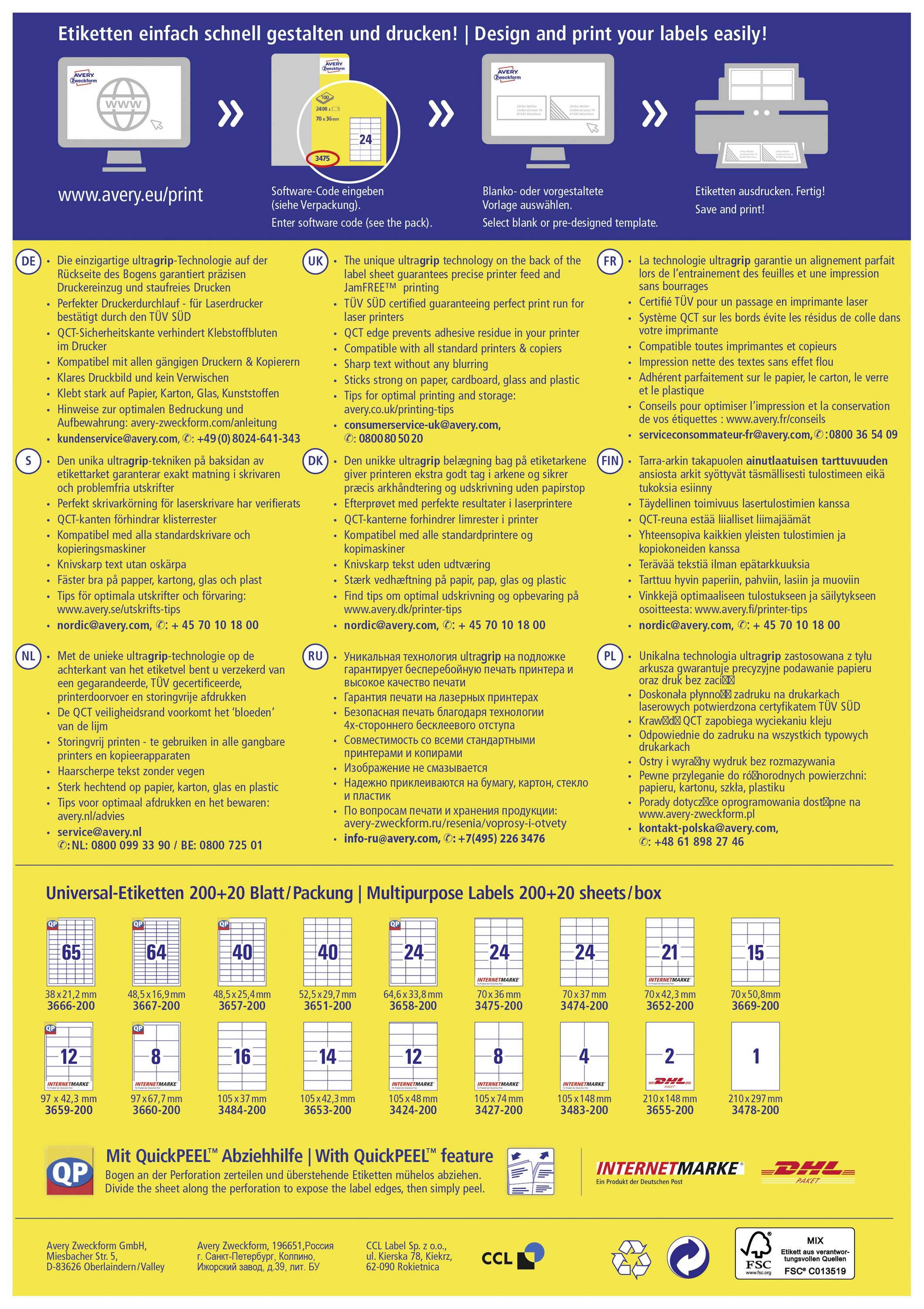Anleitung zum Erstellen und Drucken von Etiketten mit fünf Schritten. Enthält Produktspezifikationen, Kontaktinformationen und Etikettenformate.