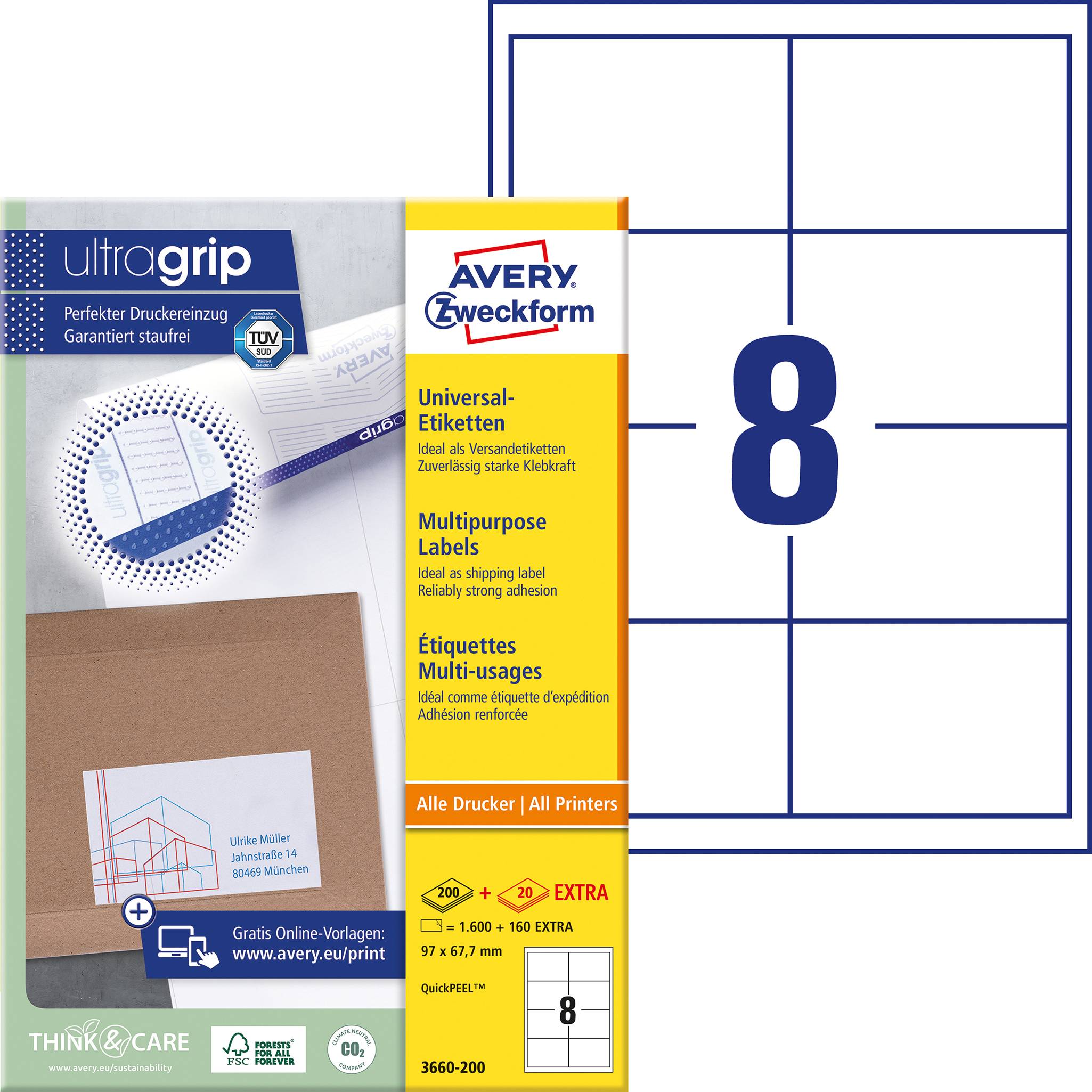 Etiketten-Bogen mit acht rechteckigen, gleichmäßig verteilten Etiketten. Verpackung zeigt 'ultragrip' und beschreibende Produktdetails.