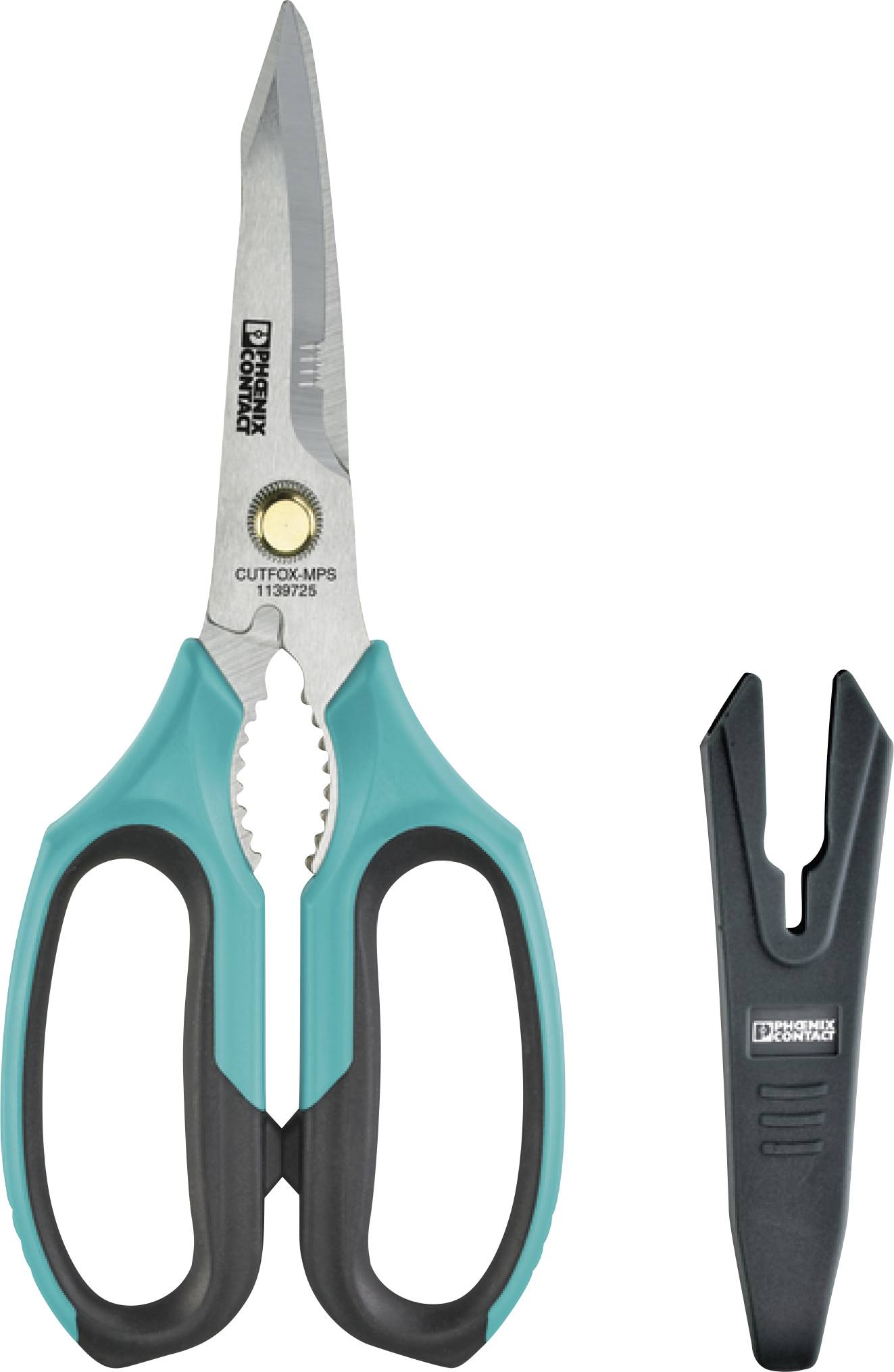 Eine türkis-schwarze Schere mit gezackter Klinge und einem separaten schwarzen Schutz.