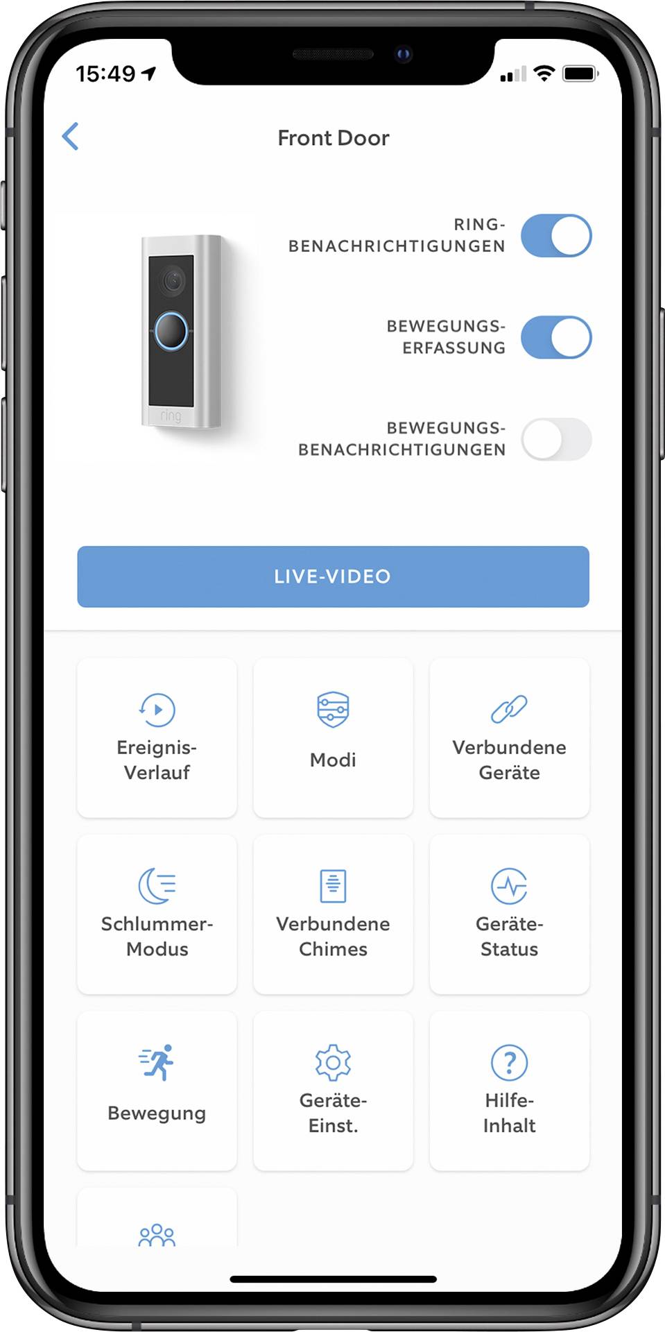 Smartphone-Anzeige einer Türklingel-App. Oben Einstellungen für Ring- und Bewegungserkennung; unten Optionen für Ereignisverlauf, Modi und Geräte.