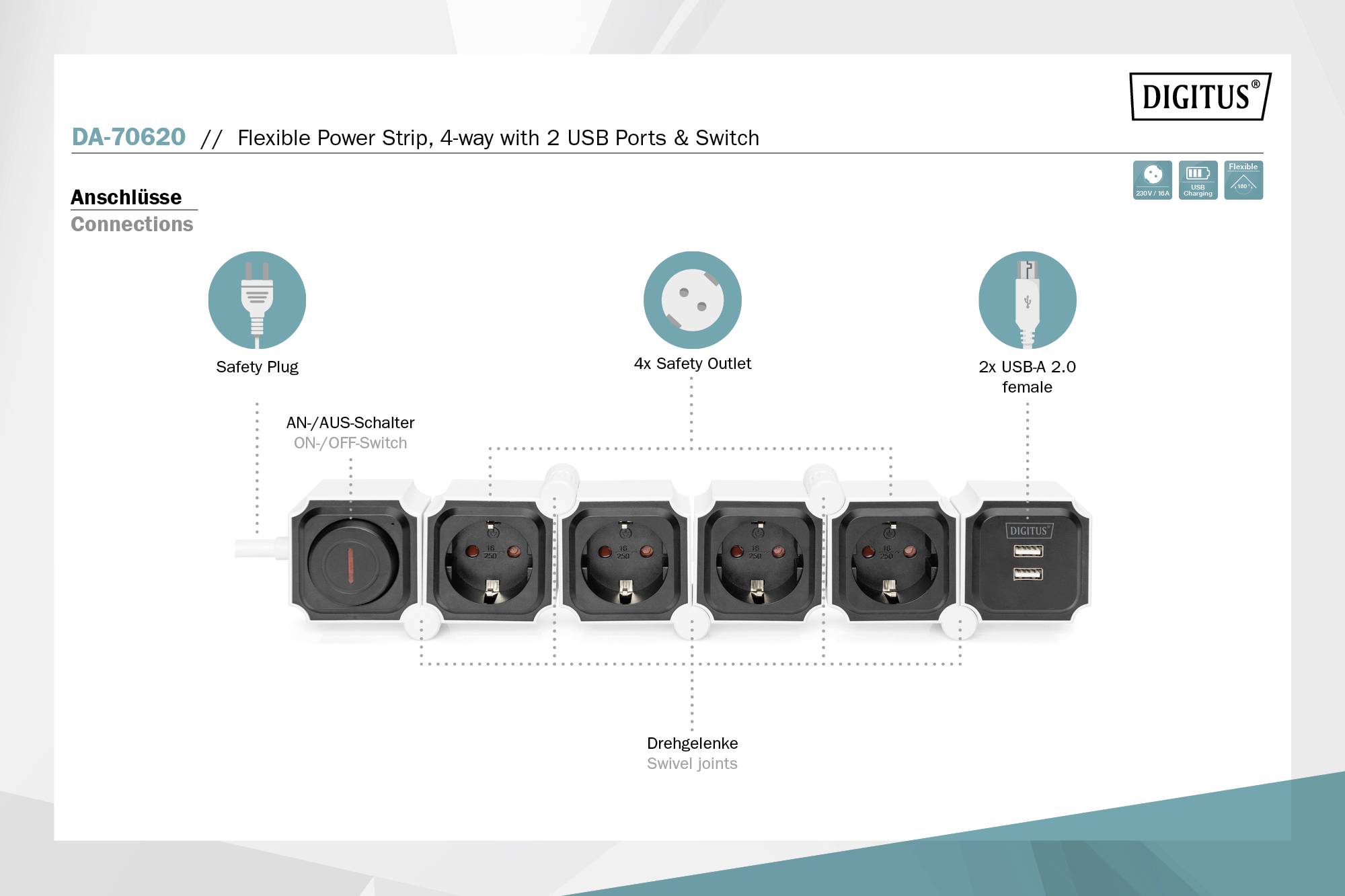 DIGITUS - Flexible 4-fach Steckdosenleiste mit 2 USB-Anschlüssen & Schalter
