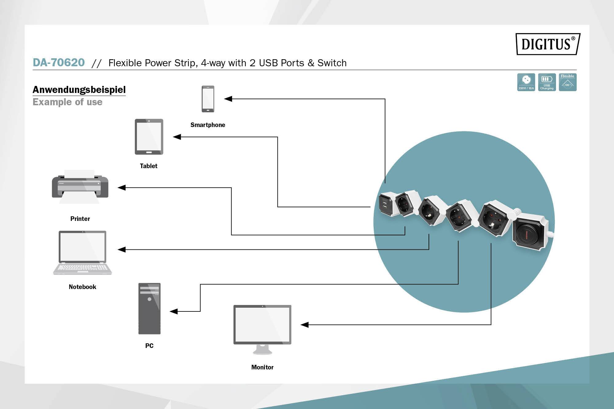 Digitus DA-70620 Steckdosenleiste mit Schalter Schwarz, Weiß 1 St.