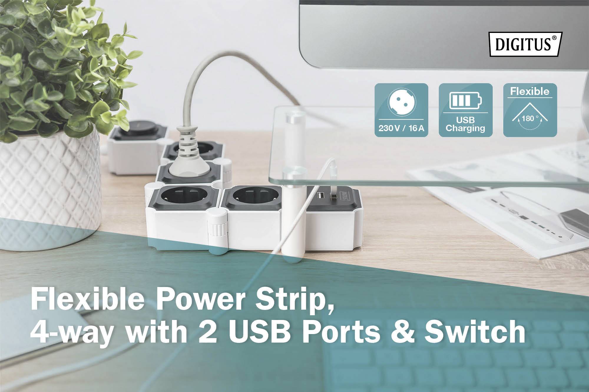 DIGITUS - Flexible 4-fach Steckdosenleiste mit 2 USB-Anschlüssen & Schalter
