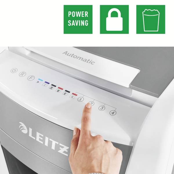 Ein Aktenvernichter mit fünf Bedientasten. Symbole oben: Energiesparen, Schloss, Papierkorb. Markenlogo 'LEITZ' sichtbar.