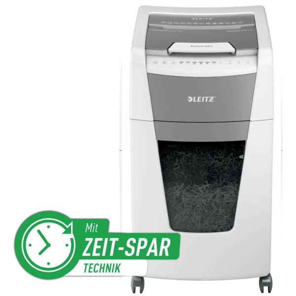 Ein weißer Leitz Aktenvernichter steht auf Rädern. Ein grünes Symbol unten links weist auf 'Zeit-Spar Technik' hin.