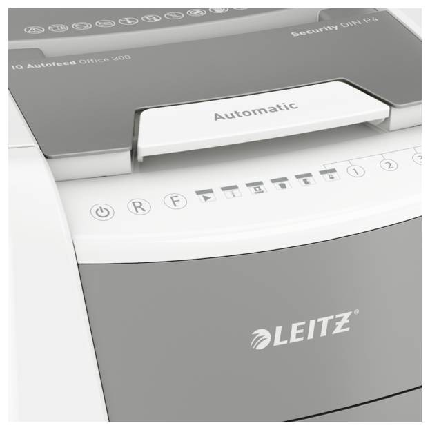 Ein Aktenvernichter mit der Aufschrift 'Automatic' und der Marke 'Leitz', Modell 'IQ Autofeed Office 300'.